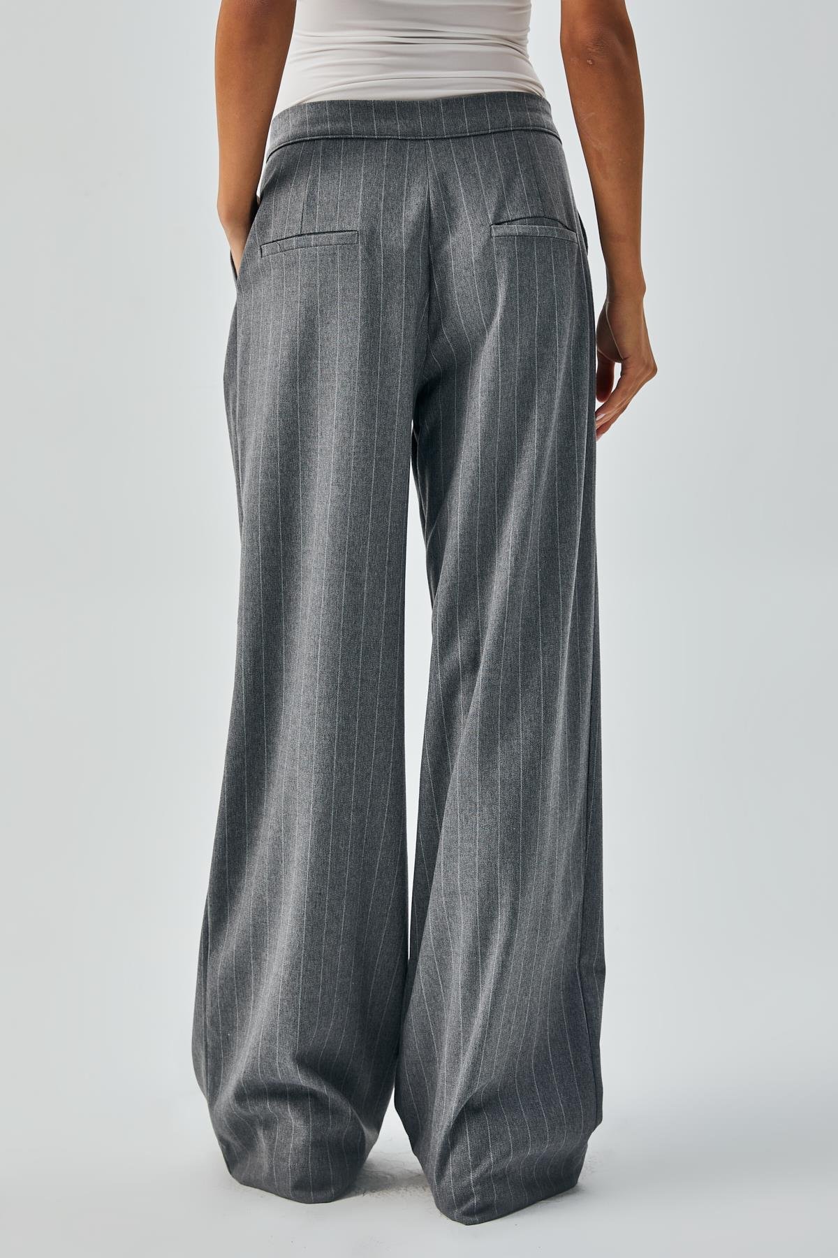 Kadın Gri Yün Poliviskon Çizgili Palazzo Pantolon 28078