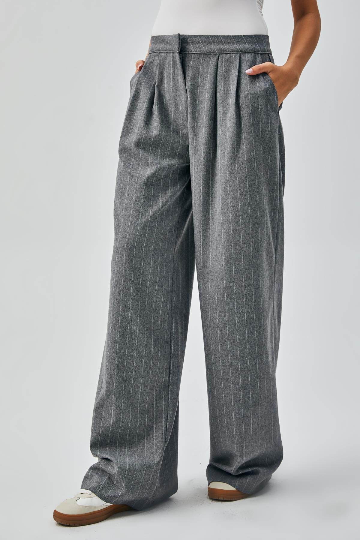 Kadın Gri Yün Poliviskon Çizgili Palazzo Pantolon 28078
