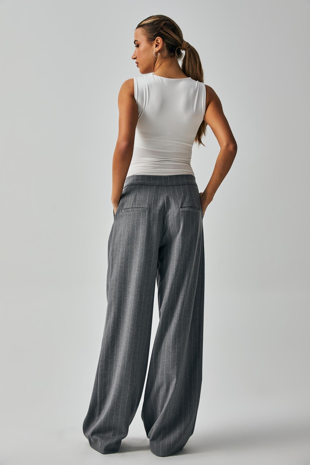 Kadın Gri Yün Poliviskon Çizgili Palazzo Pantolon 28078