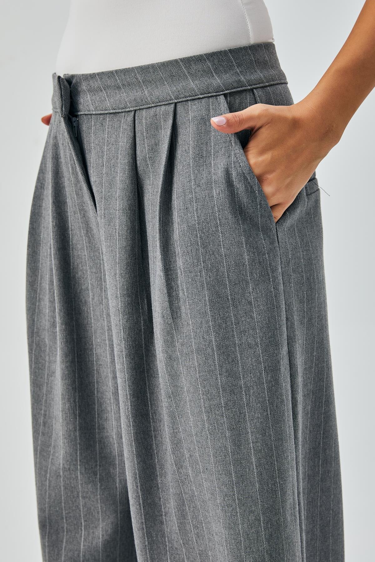 Kadın Gri Yün Poliviskon Çizgili Palazzo Pantolon 28078