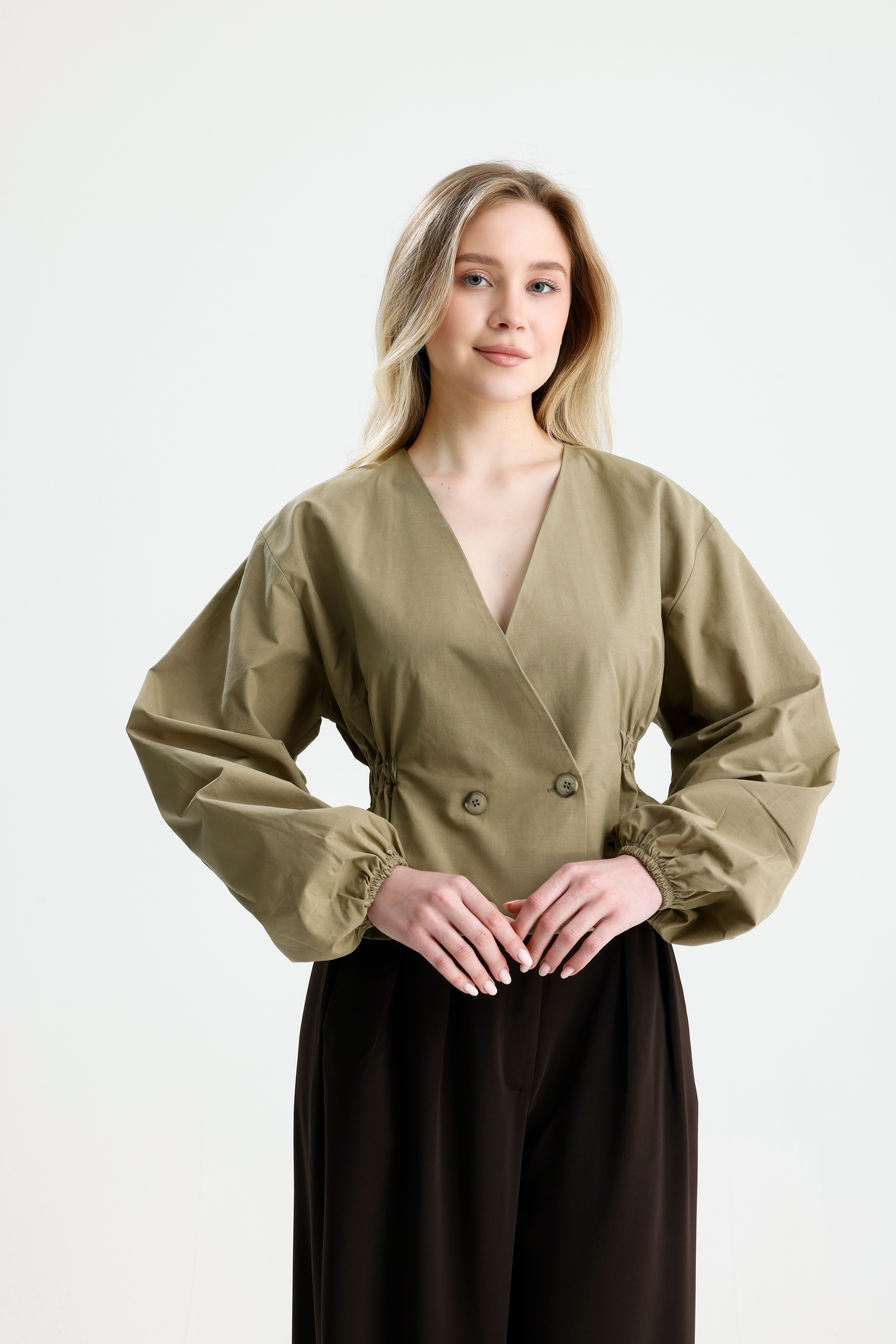 Kadın Haki Beli Lastik Detaylı Poplin Astarsız Ceket 31039