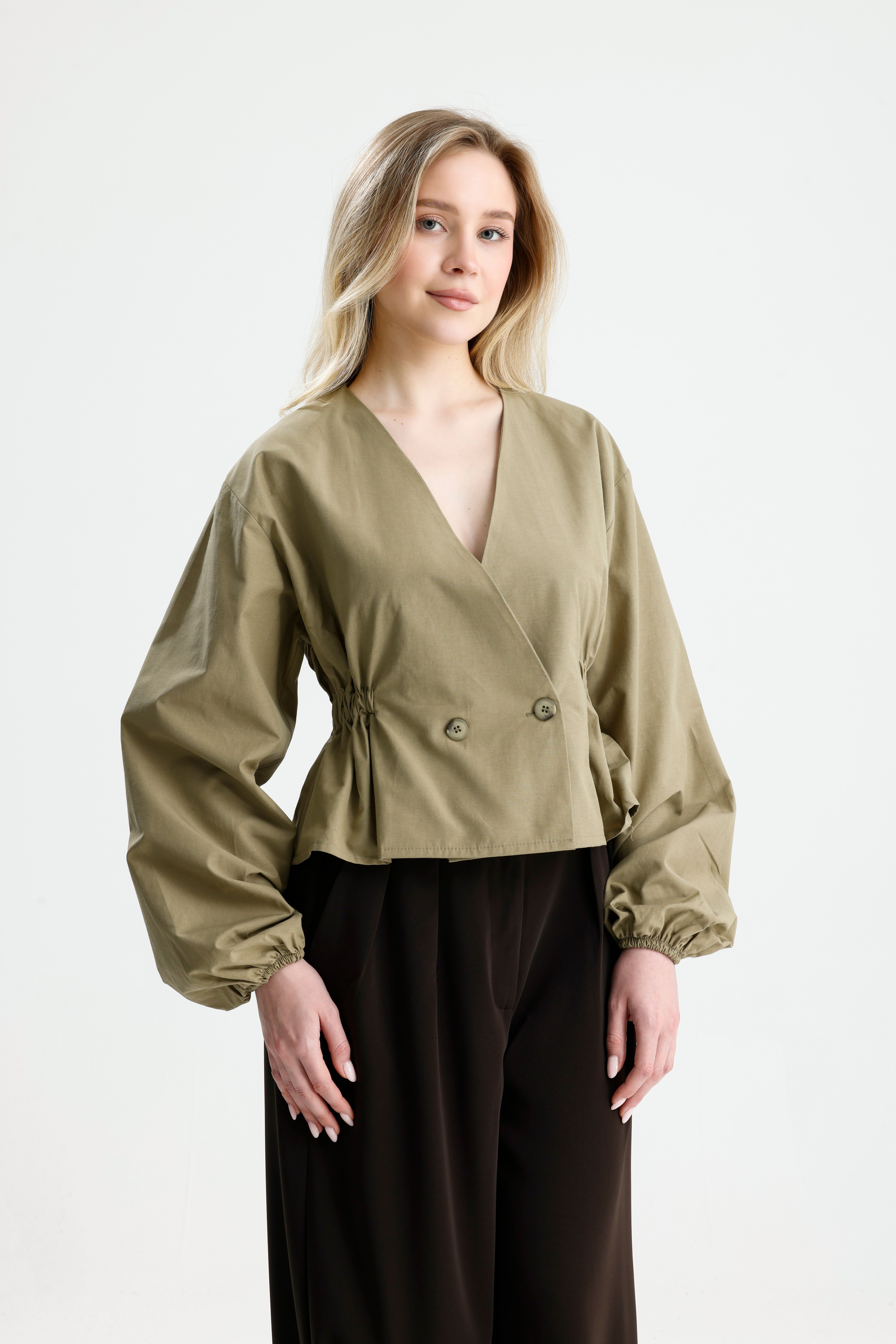 Kadın Haki Beli Lastik Detaylı Poplin Astarsız Ceket 31039