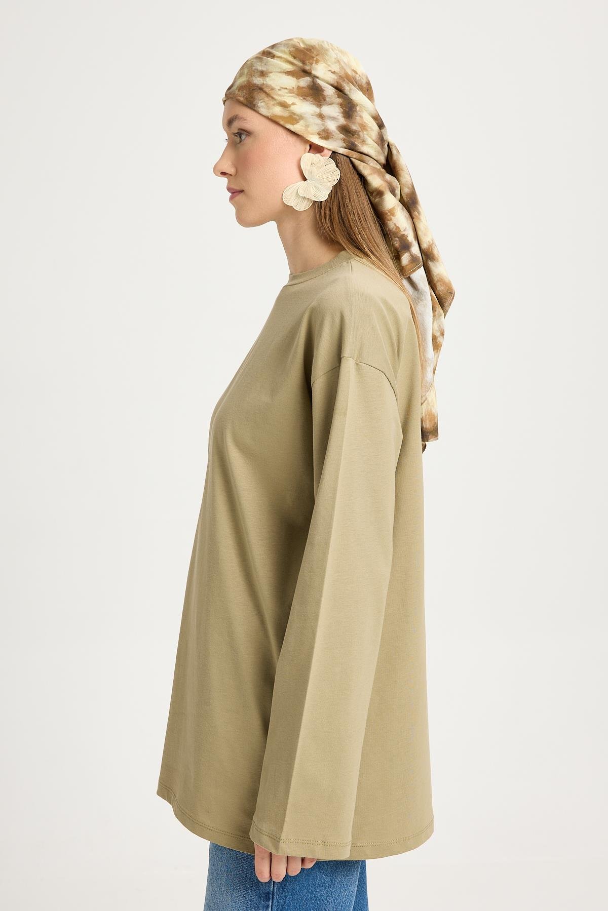 Kadın Haki Geniş Kol Oversize Basic T-shirt