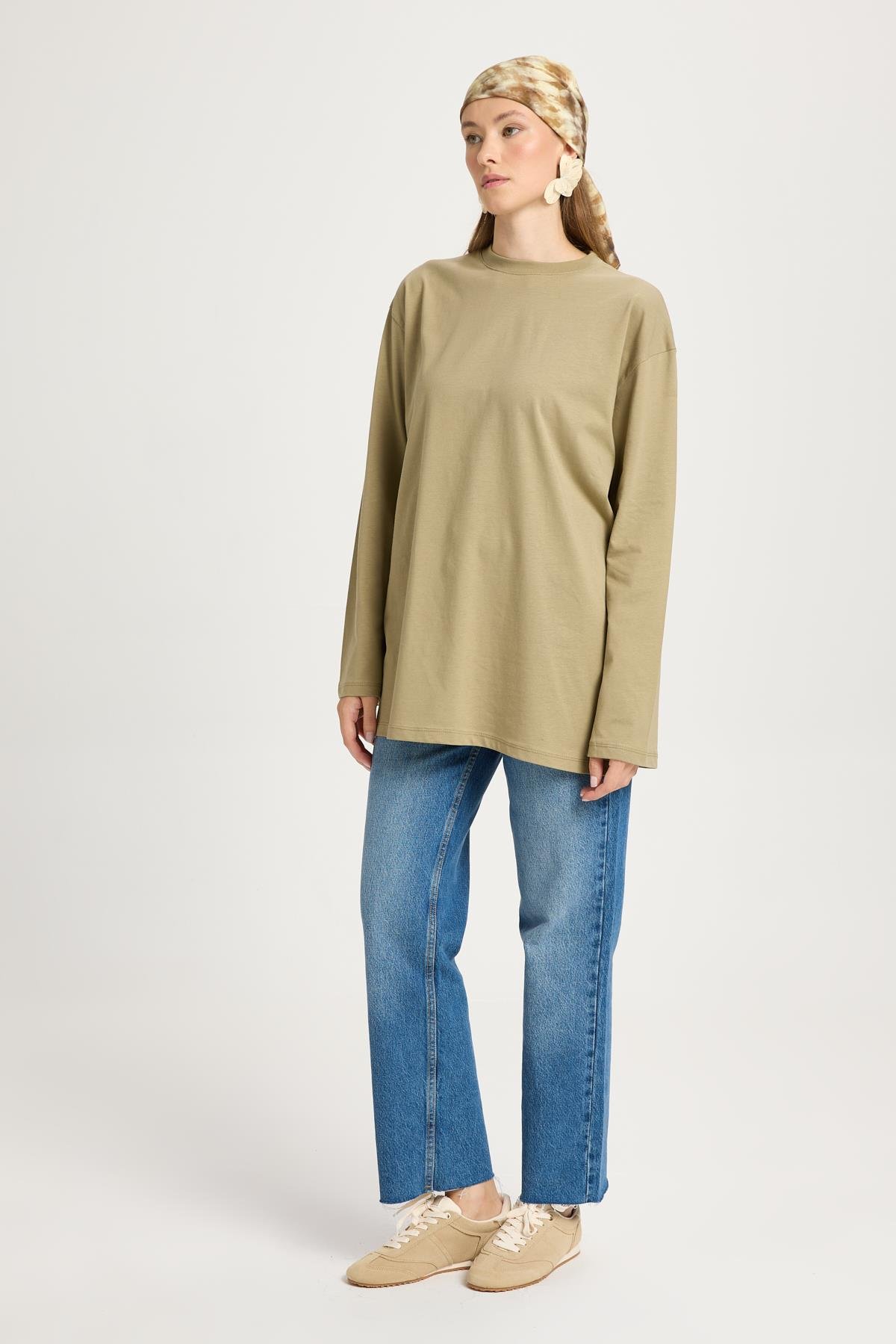 Kadın Haki Geniş Kol Oversize Basic T-shirt