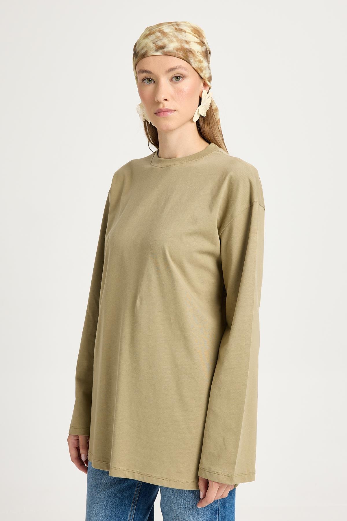 Kadın Haki Geniş Kol Oversize Basic T-shirt