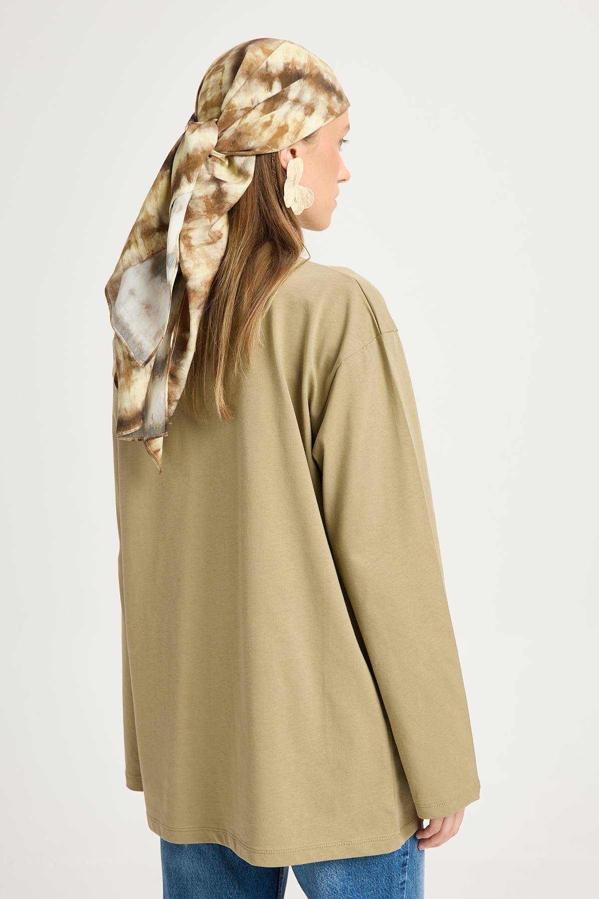 Kadın Haki Geniş Kol Oversize Basic T-shirt