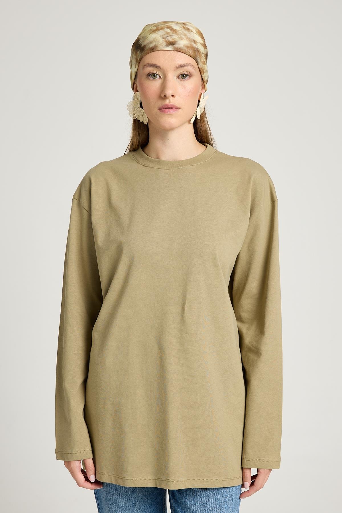 Kadın Haki Geniş Kol Oversize Basic T-shirt