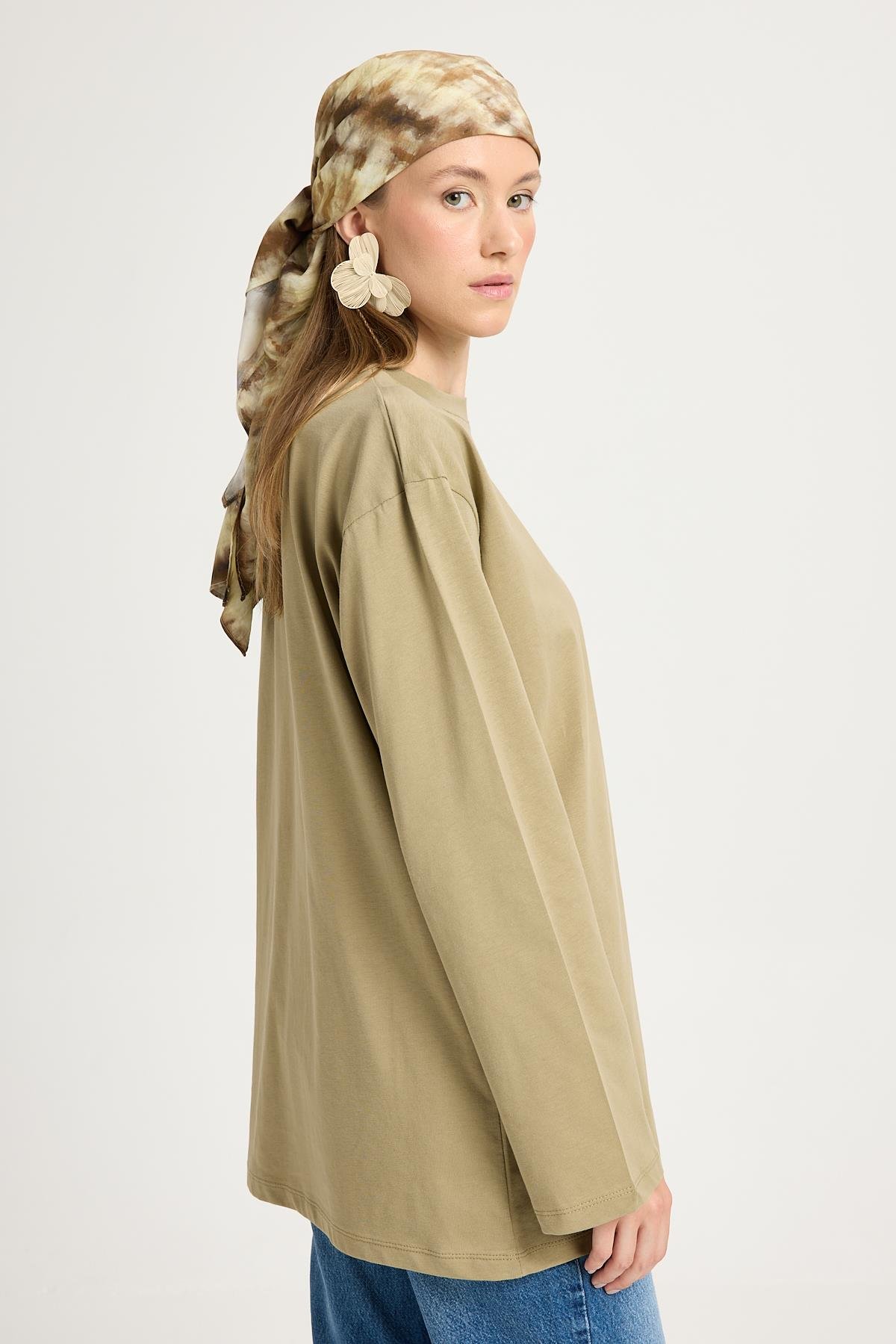 Kadın Haki Geniş Kol Oversize Basic T-shirt