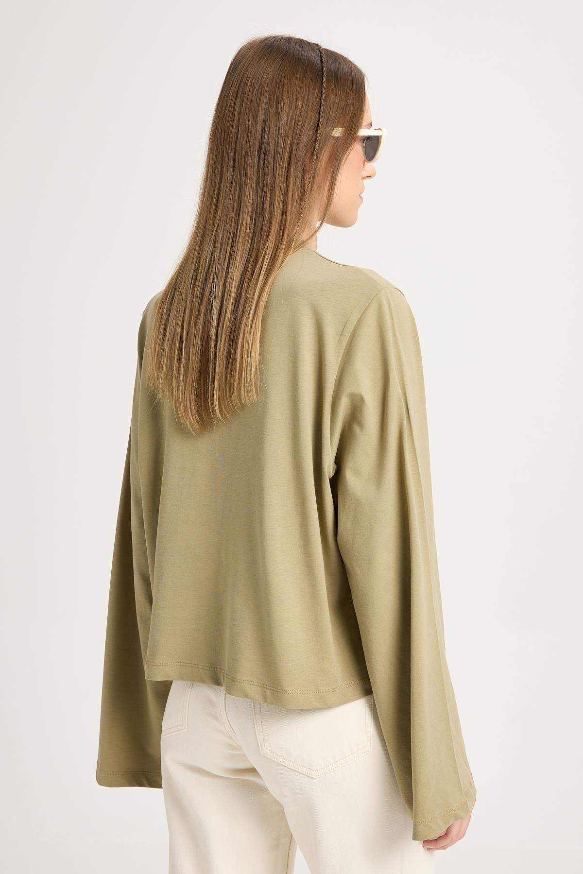 Kadın Haki Geniş Kol Oversize Kısa Basic T-shirt 30059