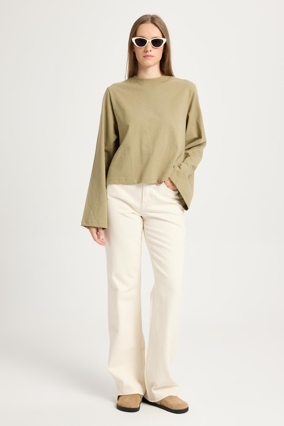 Kadın Haki Geniş Kol Oversize Kısa Basic T-shirt 30059