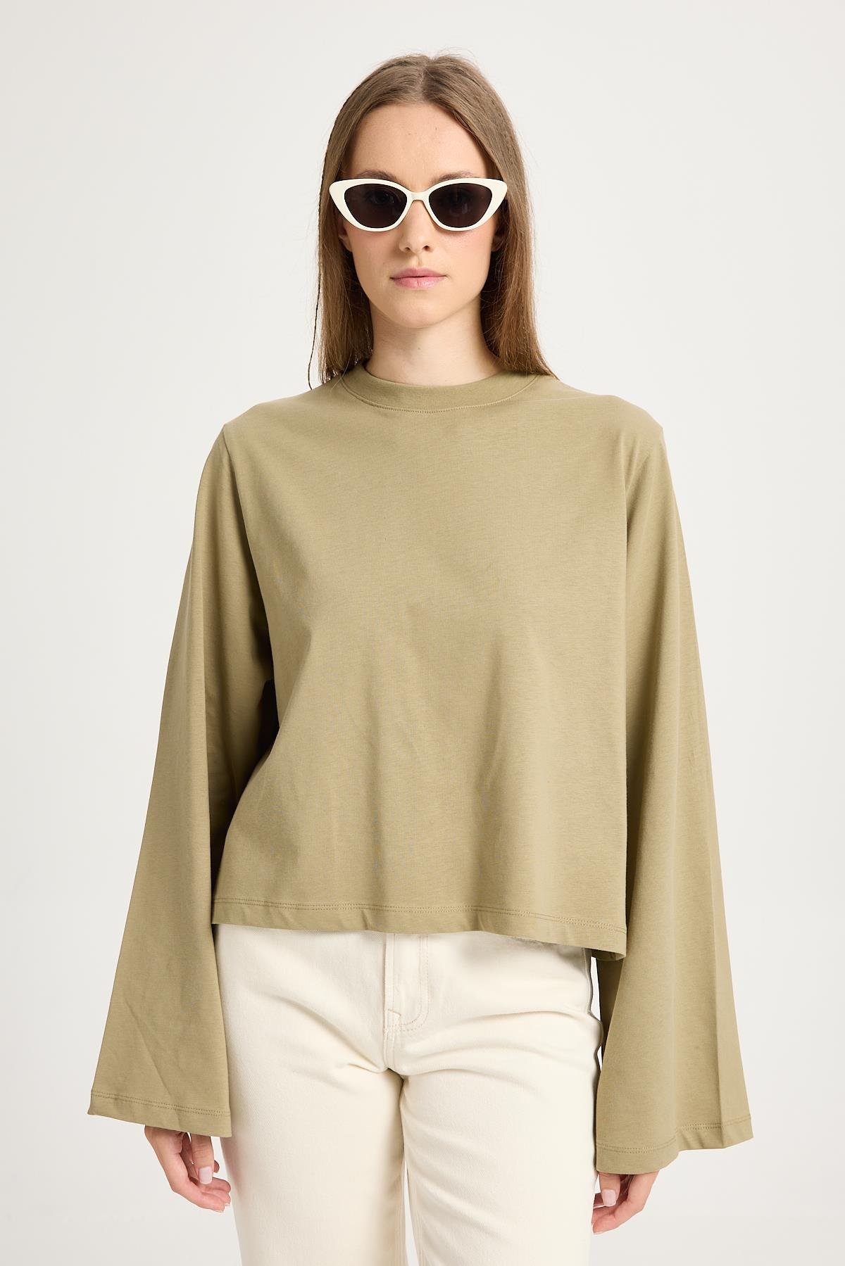 Kadın Haki Geniş Kol Oversize Kısa Basic T-shirt 30059