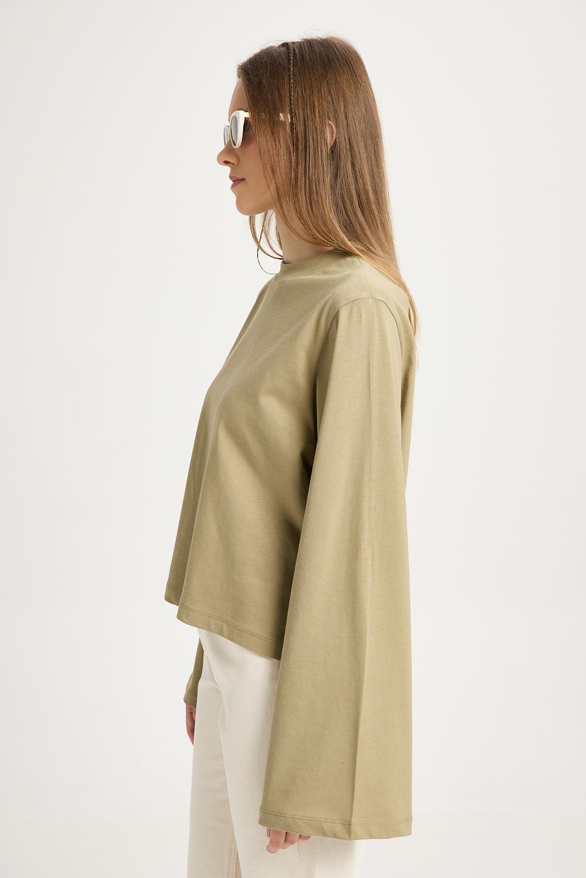 Kadın Haki Geniş Kol Oversize Kısa Basic T-shirt 30059