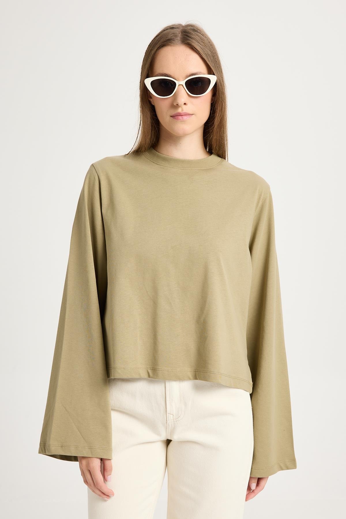 Kadın Haki Geniş Kol Oversize Kısa Basic T-shirt 30059