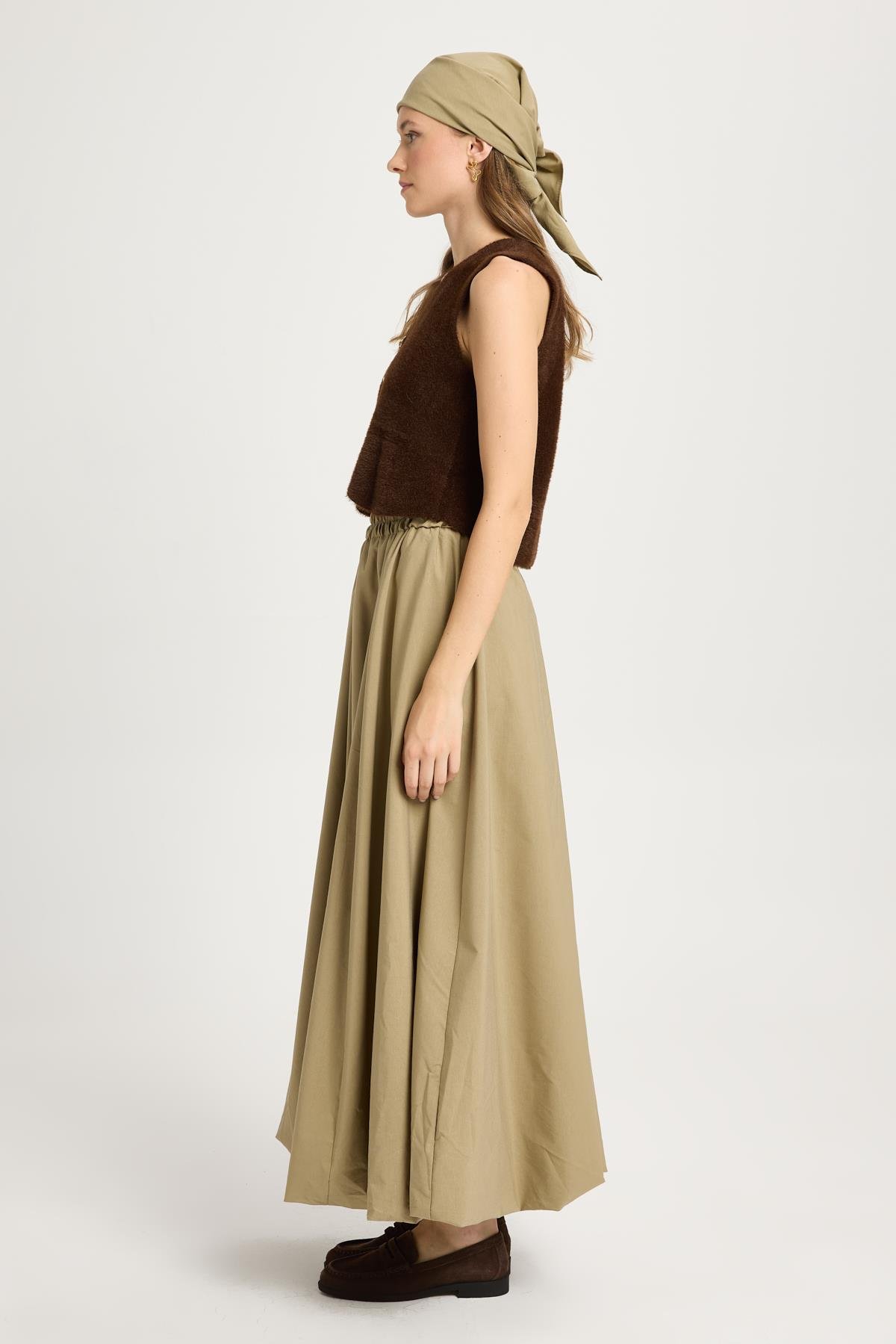 Kadın Haki Lastikli Uzun Astarlı Balon Etek 29004