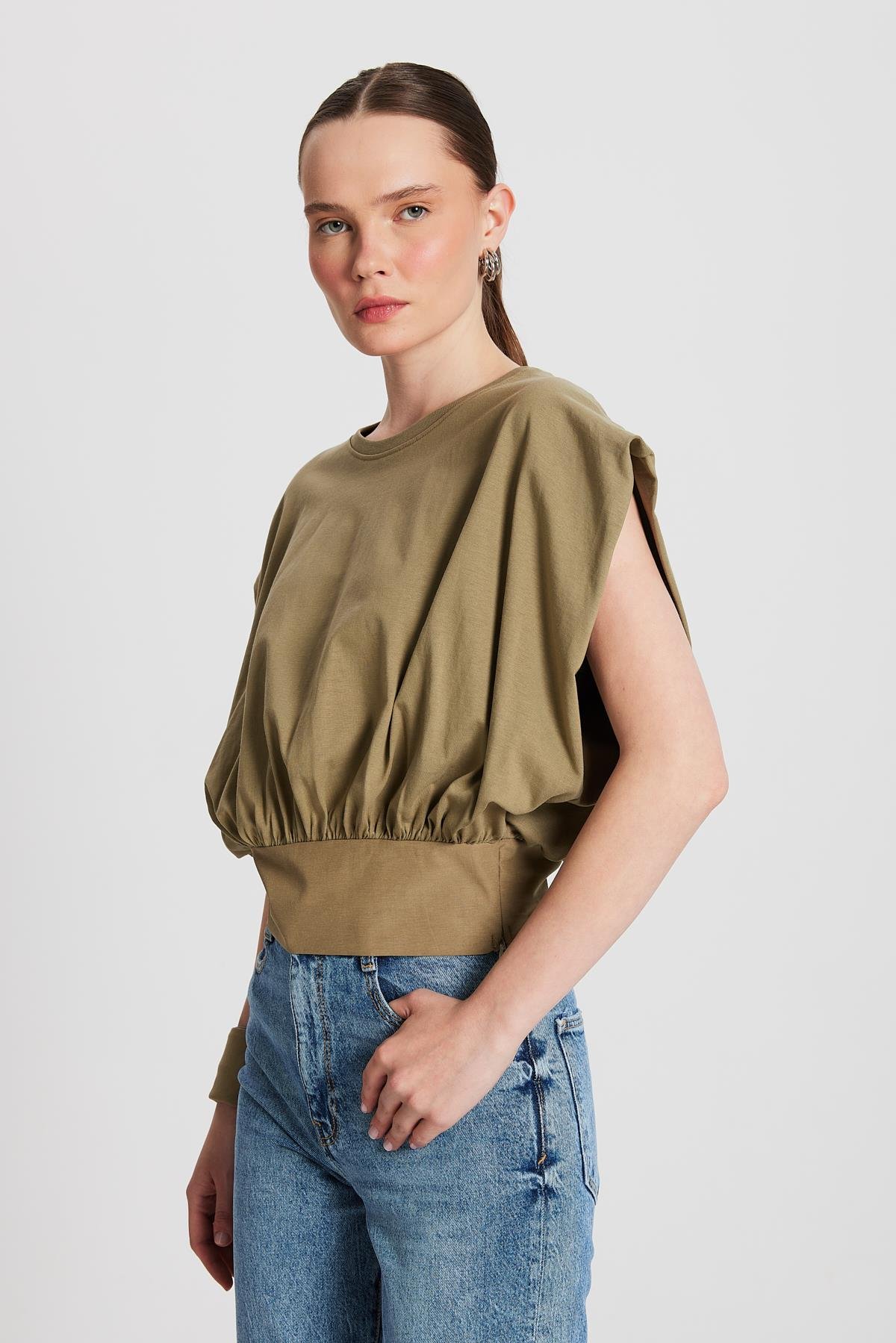 Kadın Haki Örme ve Dokuma Garnili Tasarım Bluz 29157