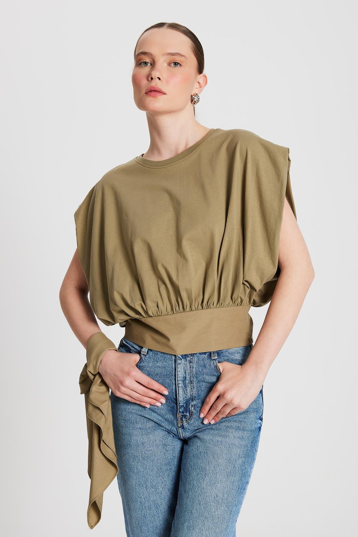 Kadın Haki Örme ve Dokuma Garnili Tasarım Bluz 29157