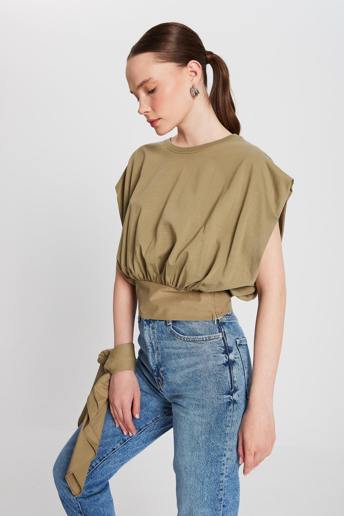 Kadın Haki Örme ve Dokuma Garnili Tasarım Bluz 29157