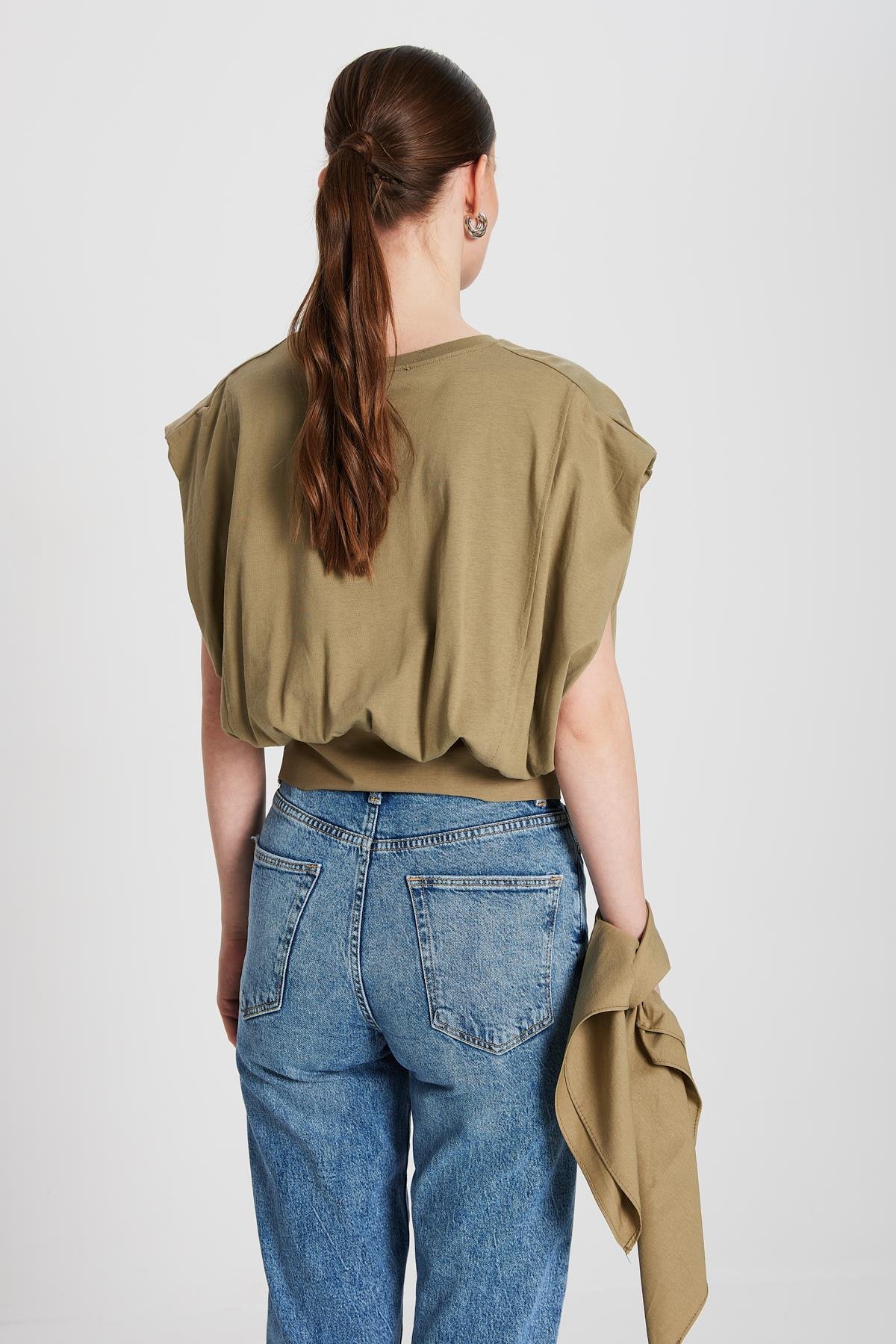 Kadın Haki Örme ve Dokuma Garnili Tasarım Bluz 29157