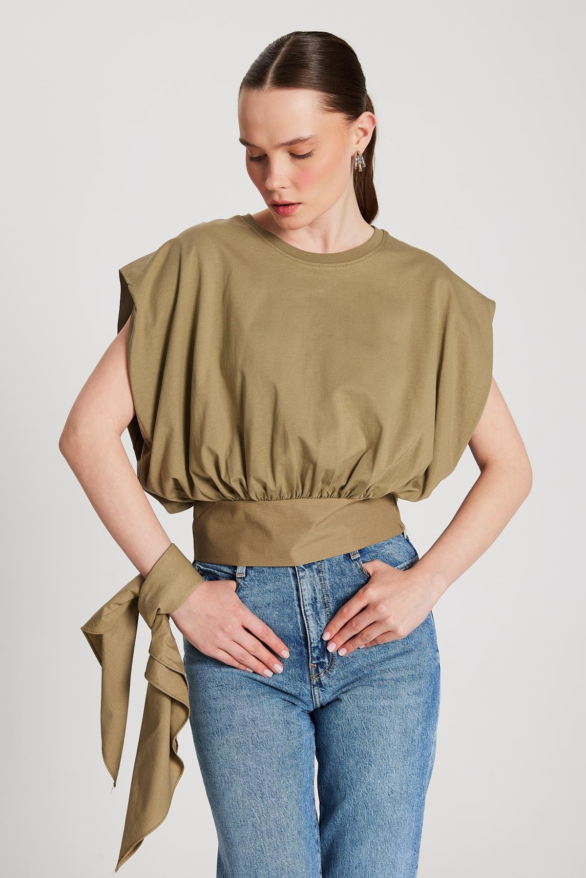 Kadın Haki Örme ve Dokuma Garnili Tasarım Bluz 29157