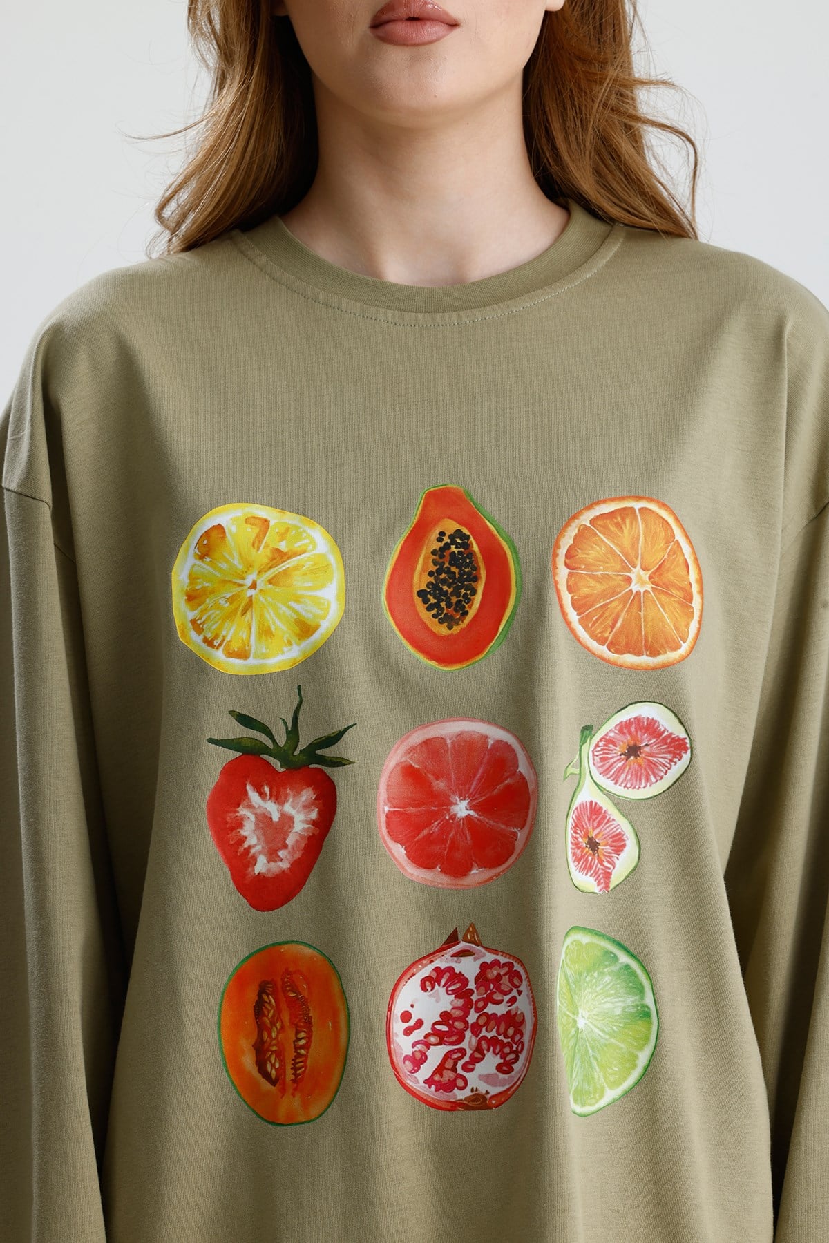 Kadın Haki Oversize Baskılı Pamuk T-shirt 31145