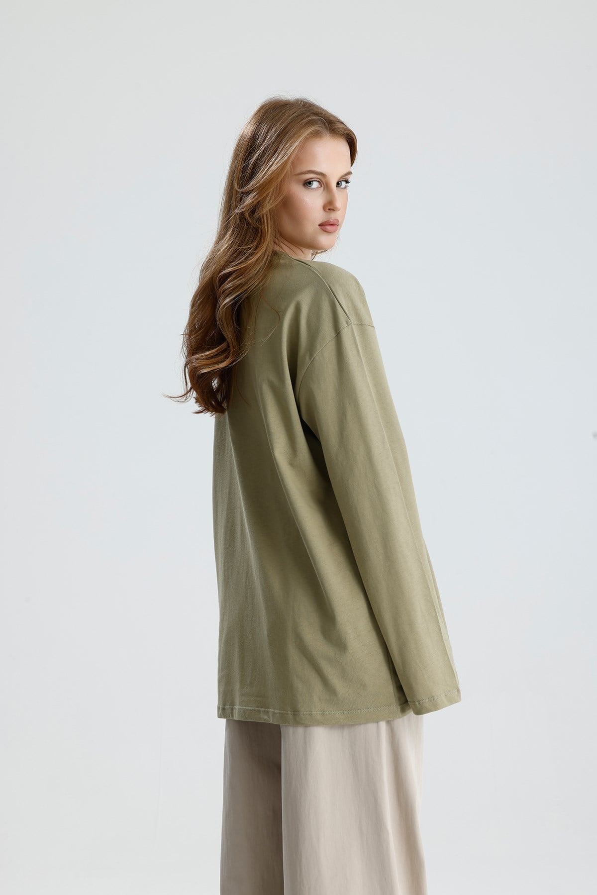 Kadın Haki Oversize Baskılı Pamuk T-shirt 31145