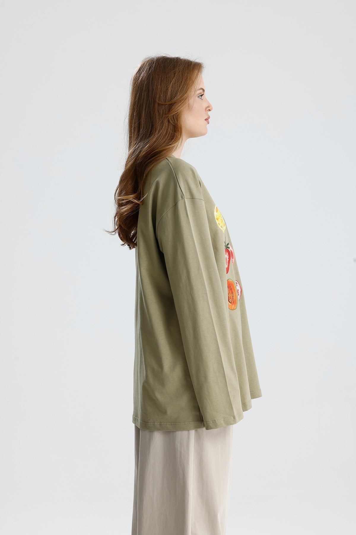Kadın Haki Oversize Baskılı Pamuk T-shirt 31145