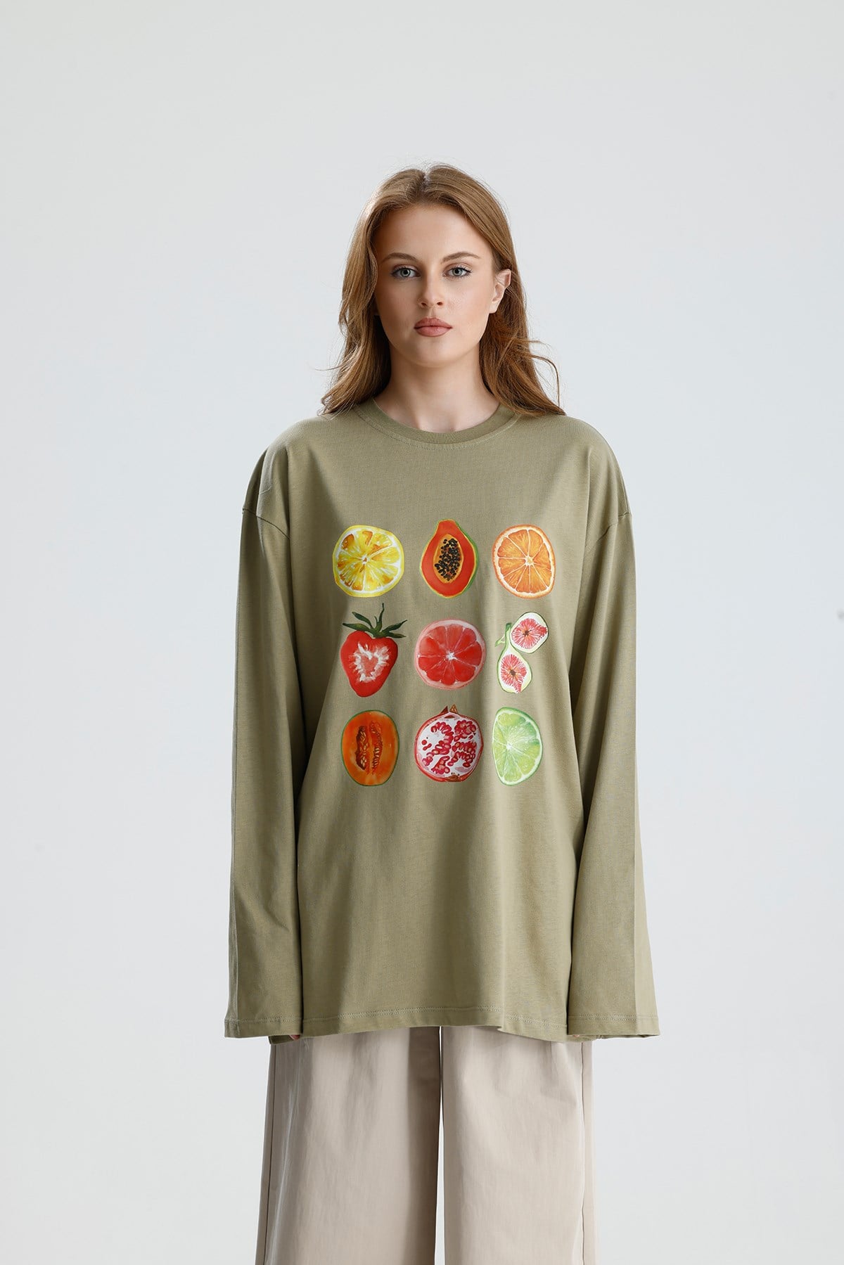 Kadın Haki Oversize Baskılı Pamuk T-shirt 31145