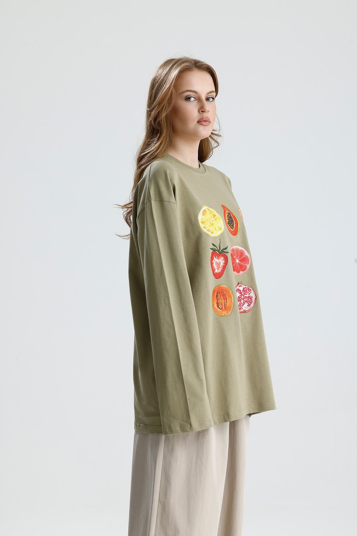 Kadın Haki Oversize Baskılı Pamuk T-shirt 31145