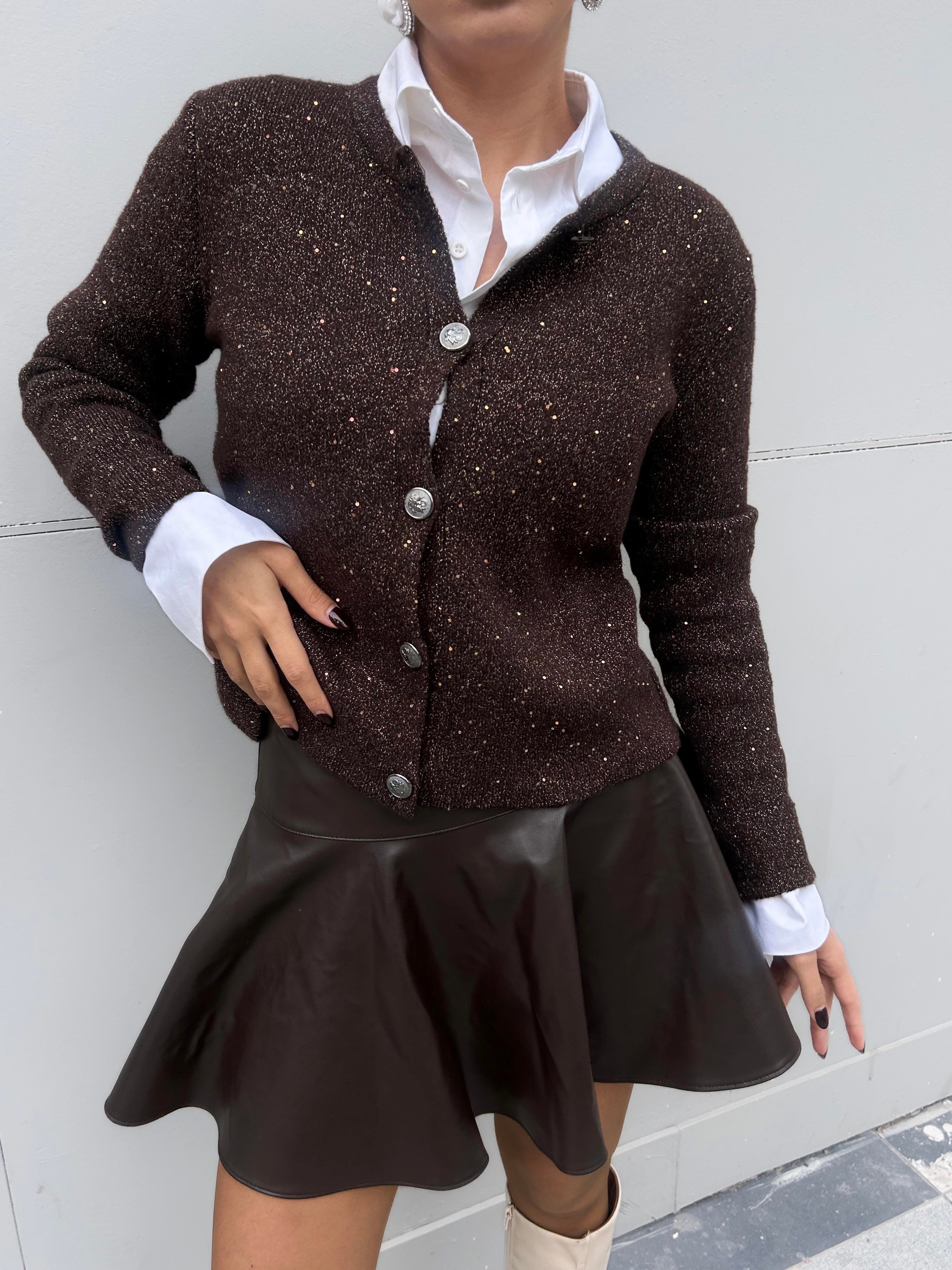 Kadın Hırka Kahve Pullu Simli Düğmeli Triko Hırka 5590