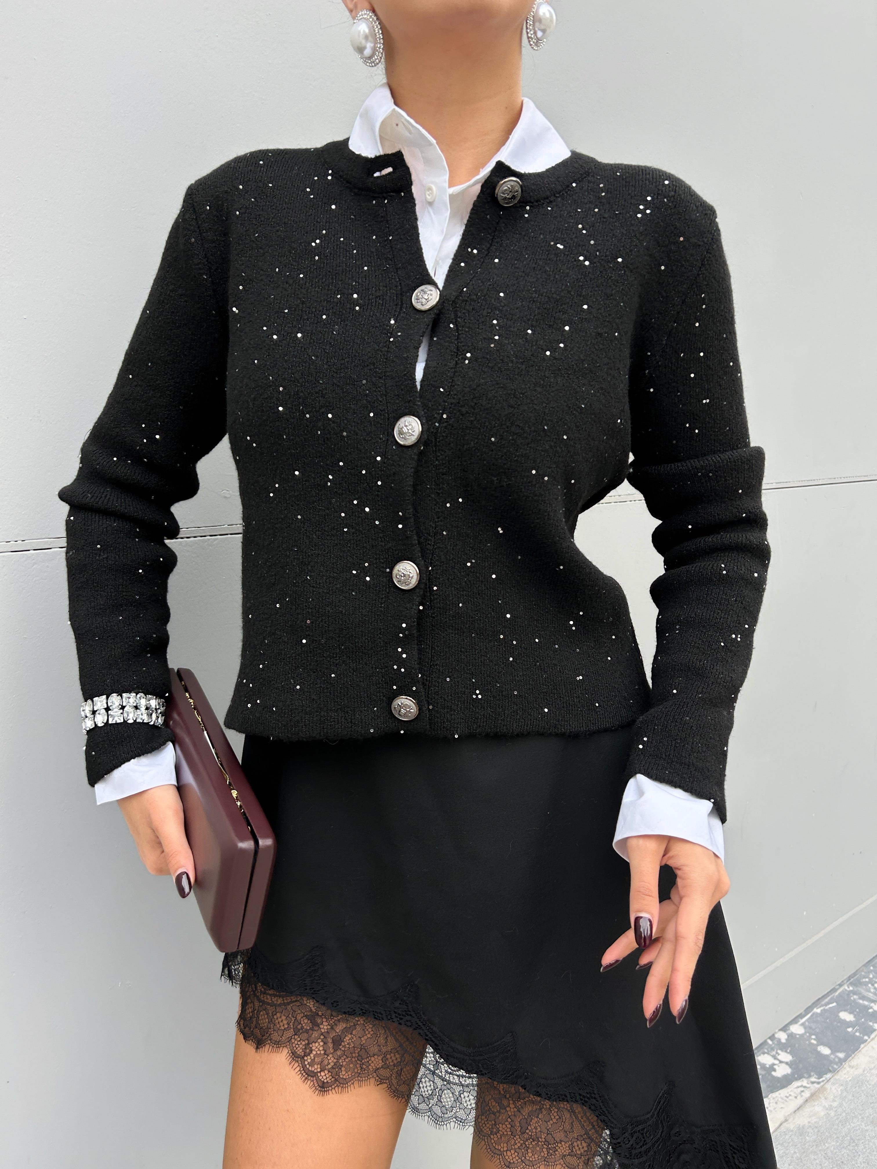 Kadın Hırka Siyah Pullu Simli Düğmeli Triko Hırka 5590