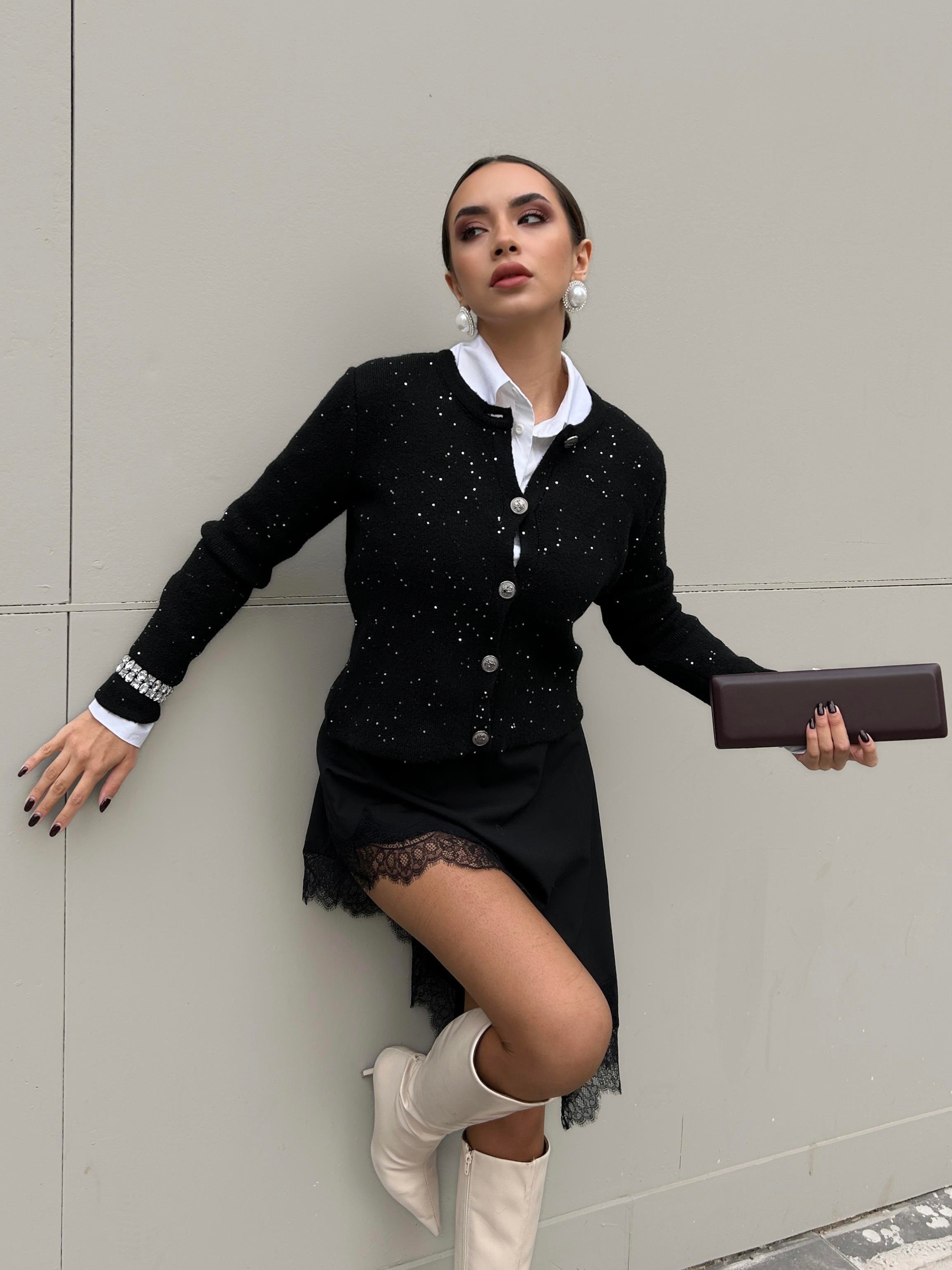 Kadın Hırka Siyah Pullu Simli Düğmeli Triko Hırka 5590