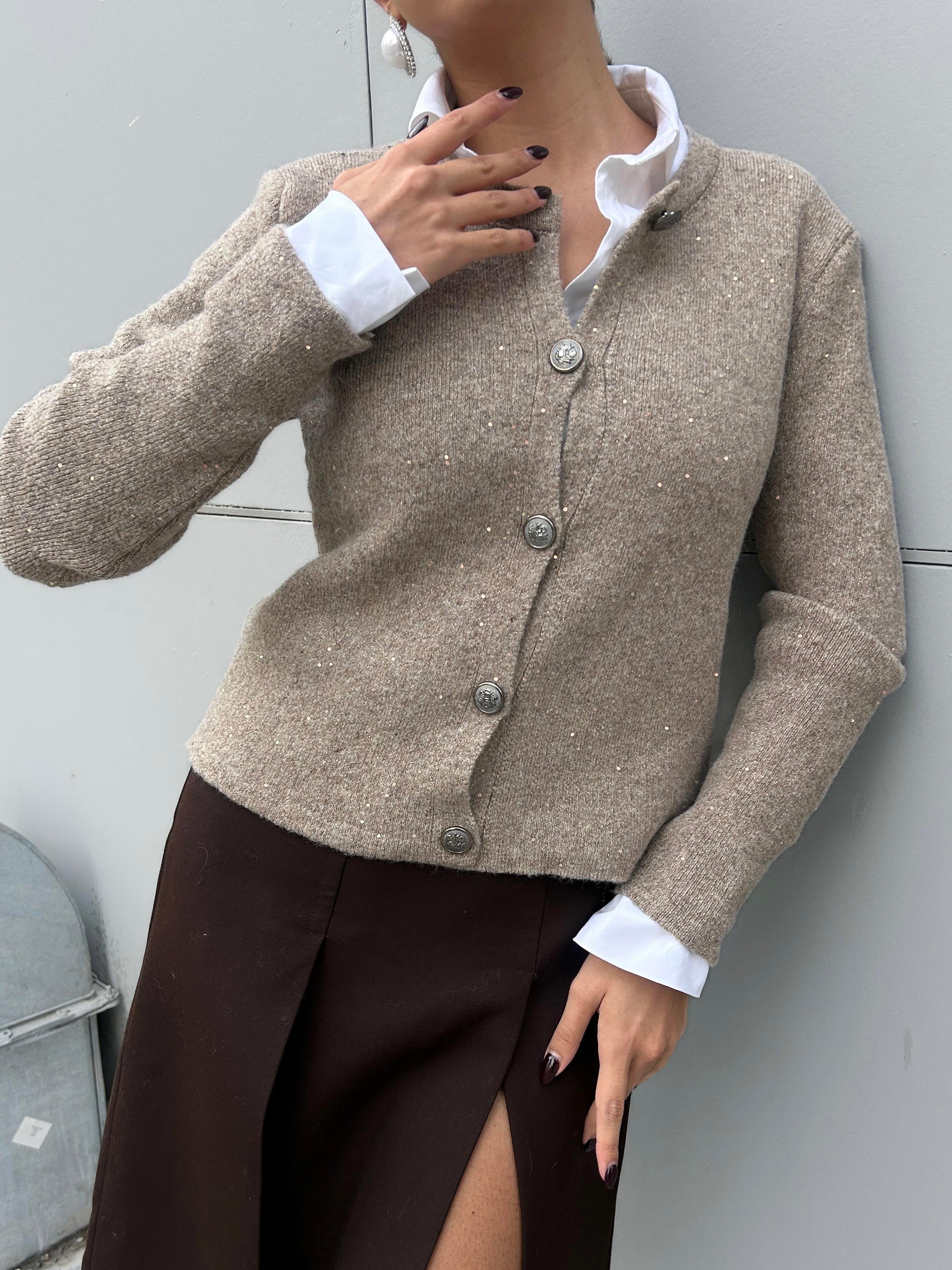 Kadın Hırka Vizon Pullu Simli Düğmeli Triko Hırka 5590