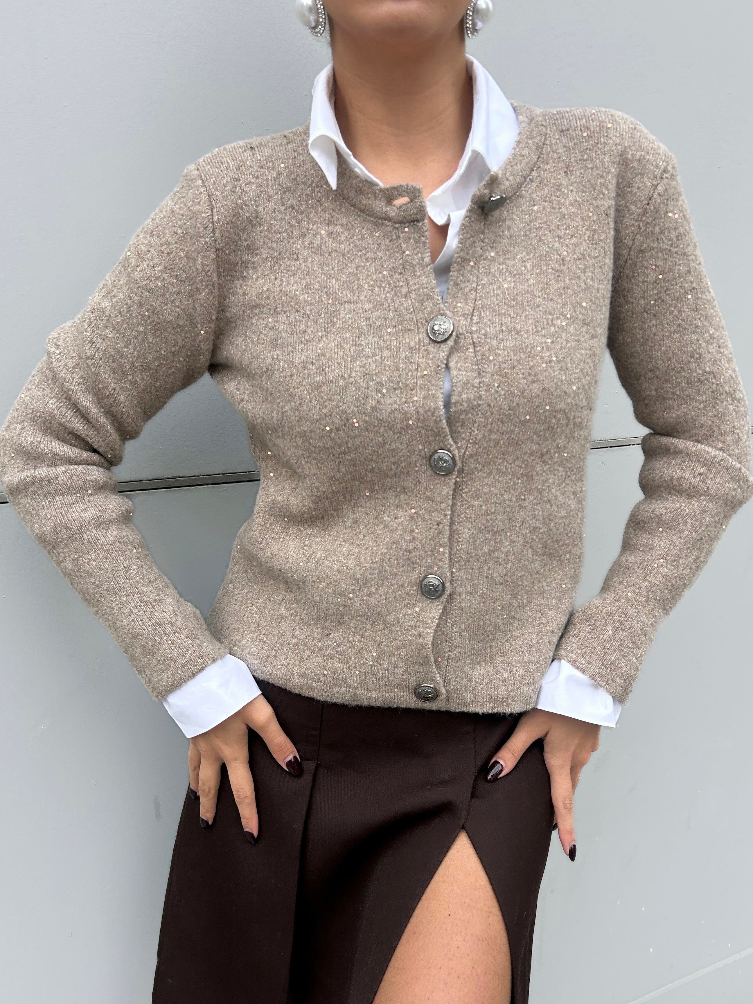 Kadın Hırka Vizon Pullu Simli Düğmeli Triko Hırka 5590