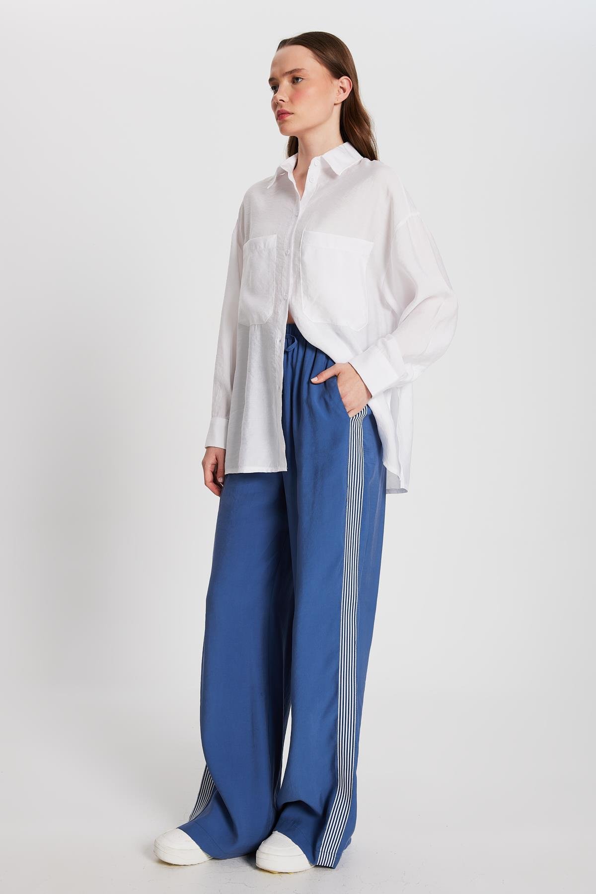 Kadın İndigo %100 Modal Bol Kesim Yanları Şeritli Pantolon 29139