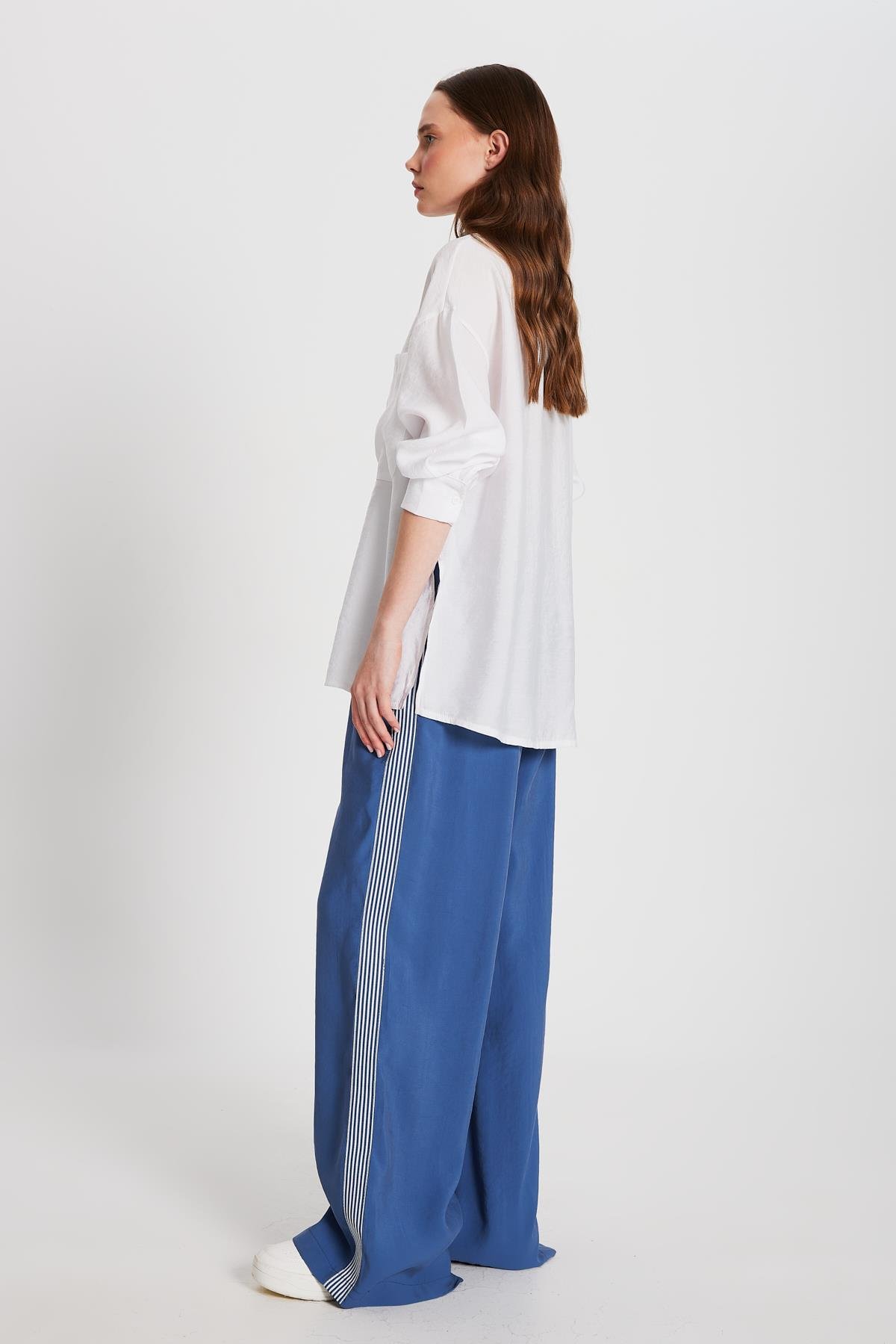 Kadın İndigo %100 Modal Bol Kesim Yanları Şeritli Pantolon 29139