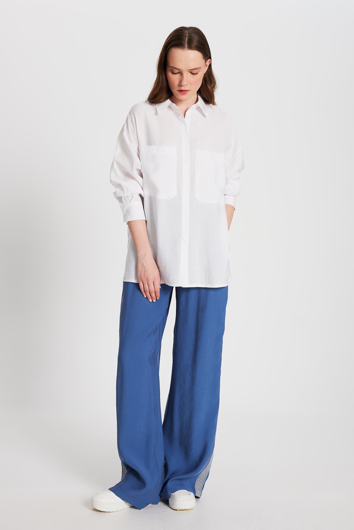 Kadın İndigo %100 Modal Bol Kesim Yanları Şeritli Pantolon 29139