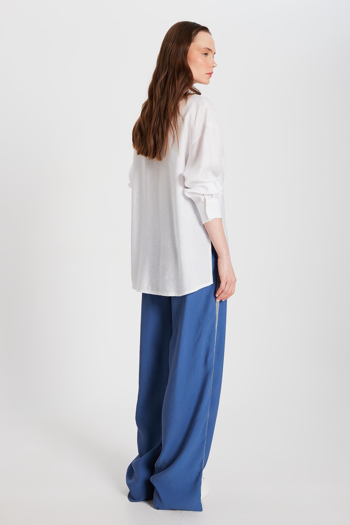 Kadın İndigo %100 Modal Bol Kesim Yanları Şeritli Pantolon 29139