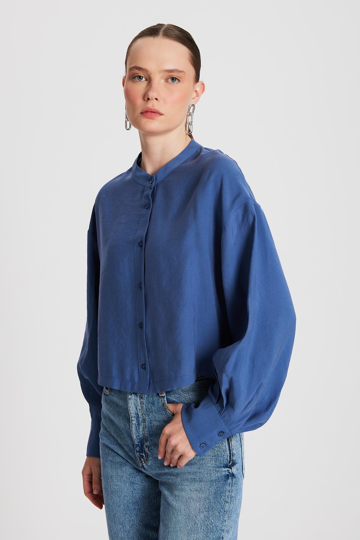 Kadın İndigo %100 Modal Hakim Yaka Kısa Gömlek 29147