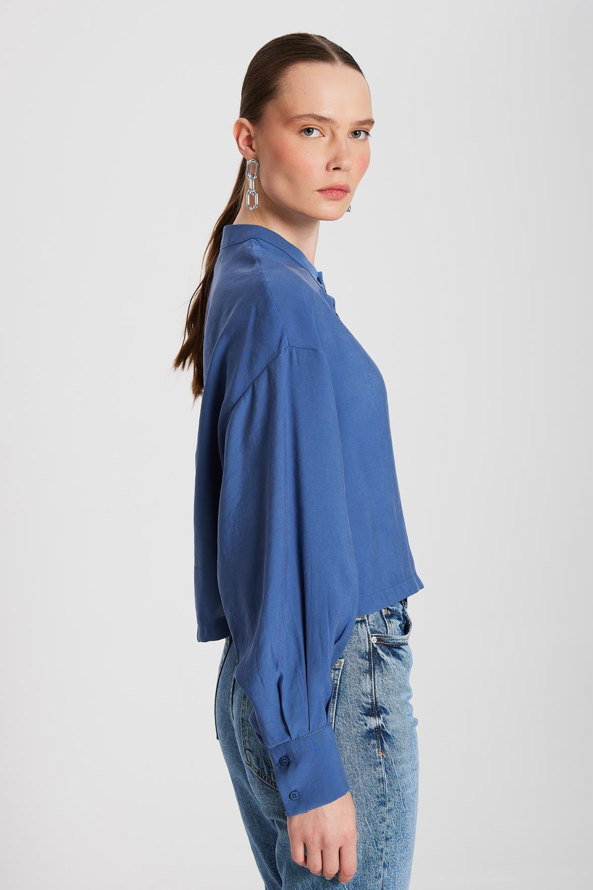 Kadın İndigo %100 Modal Hakim Yaka Kısa Gömlek 29147