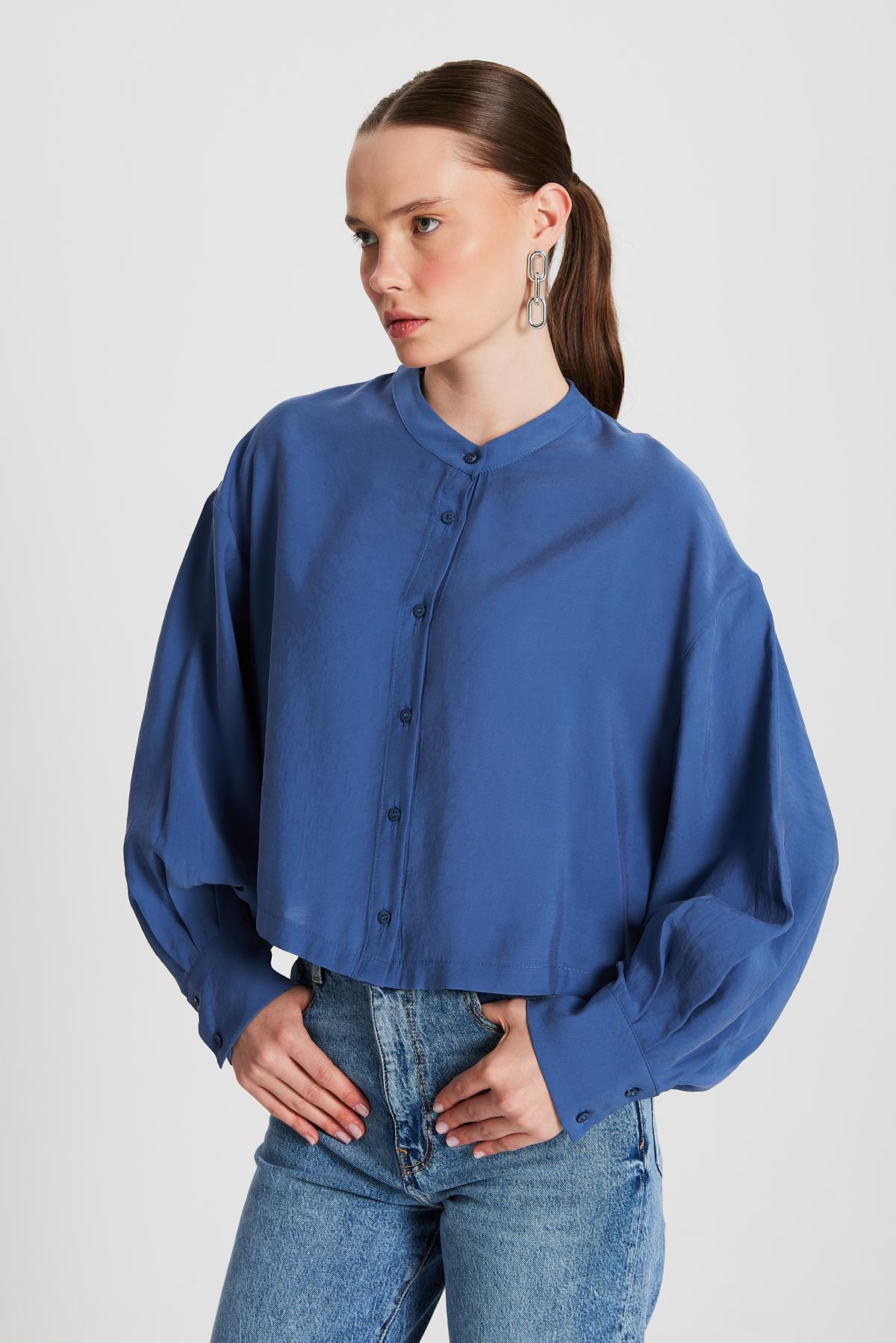 Kadın İndigo %100 Modal Hakim Yaka Kısa Gömlek 29147