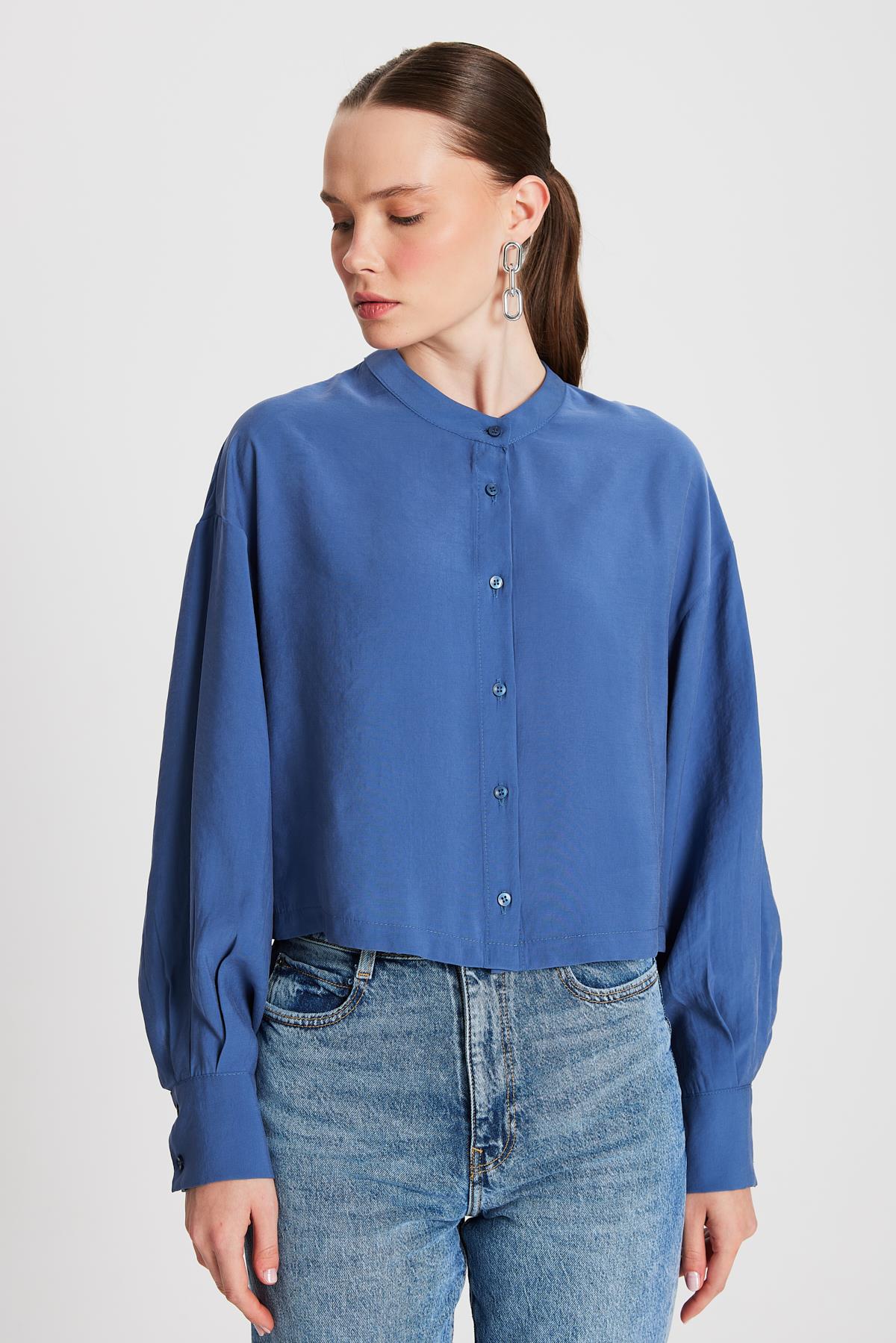 Kadın İndigo %100 Modal Hakim Yaka Kısa Gömlek 29147