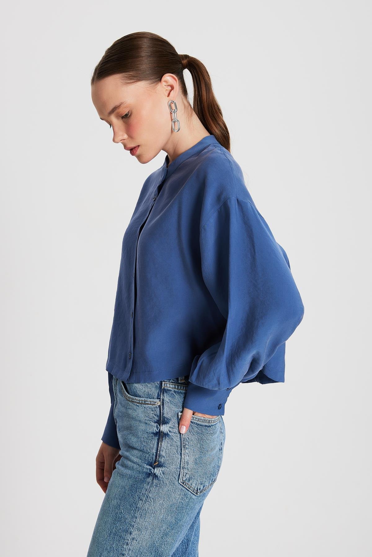 Kadın İndigo %100 Modal Hakim Yaka Kısa Gömlek 29147
