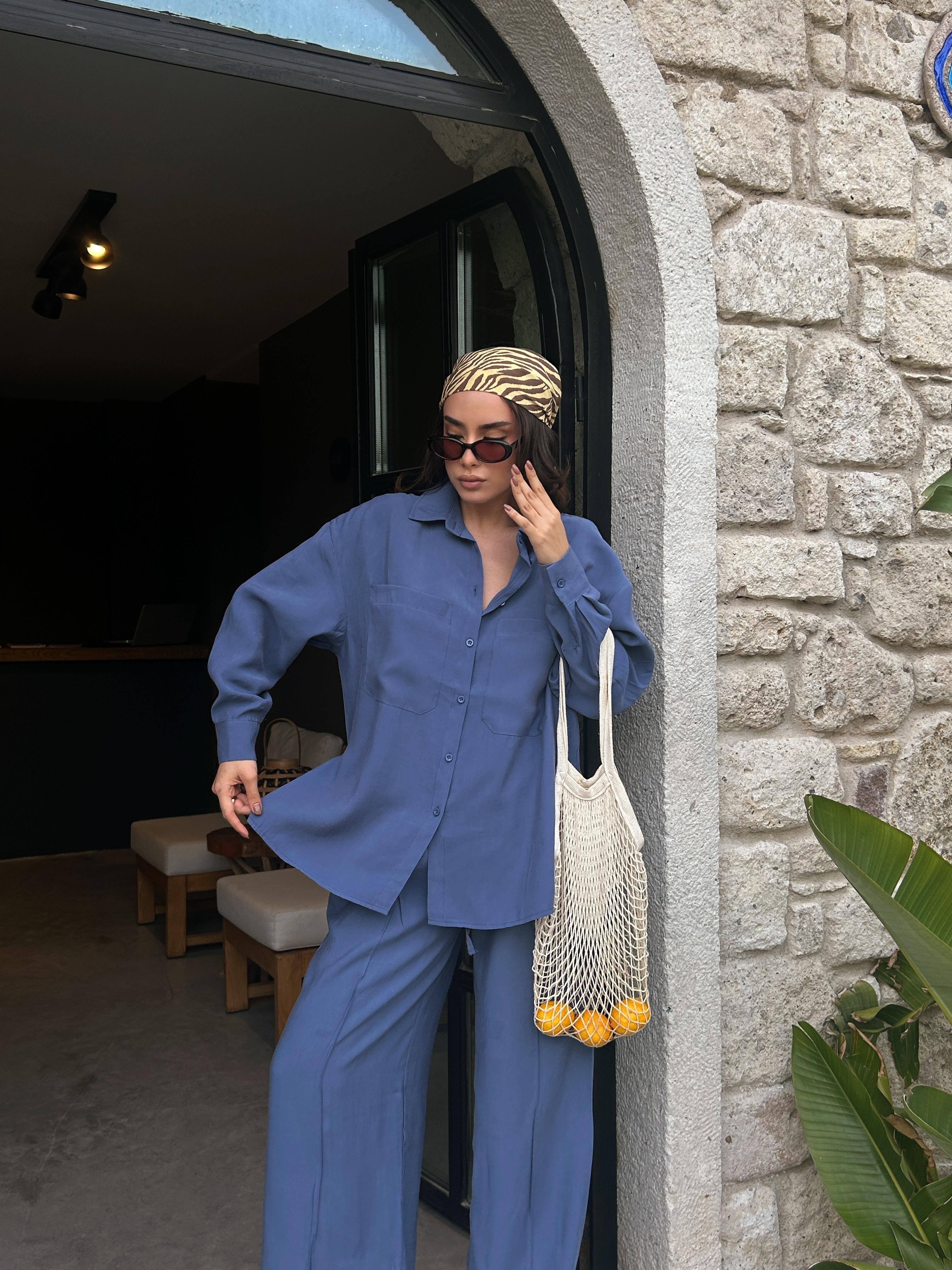 Kadın İndigo %100 Modal Kumaş Cep Detaylı Oversize Uzun Gömlek 29108