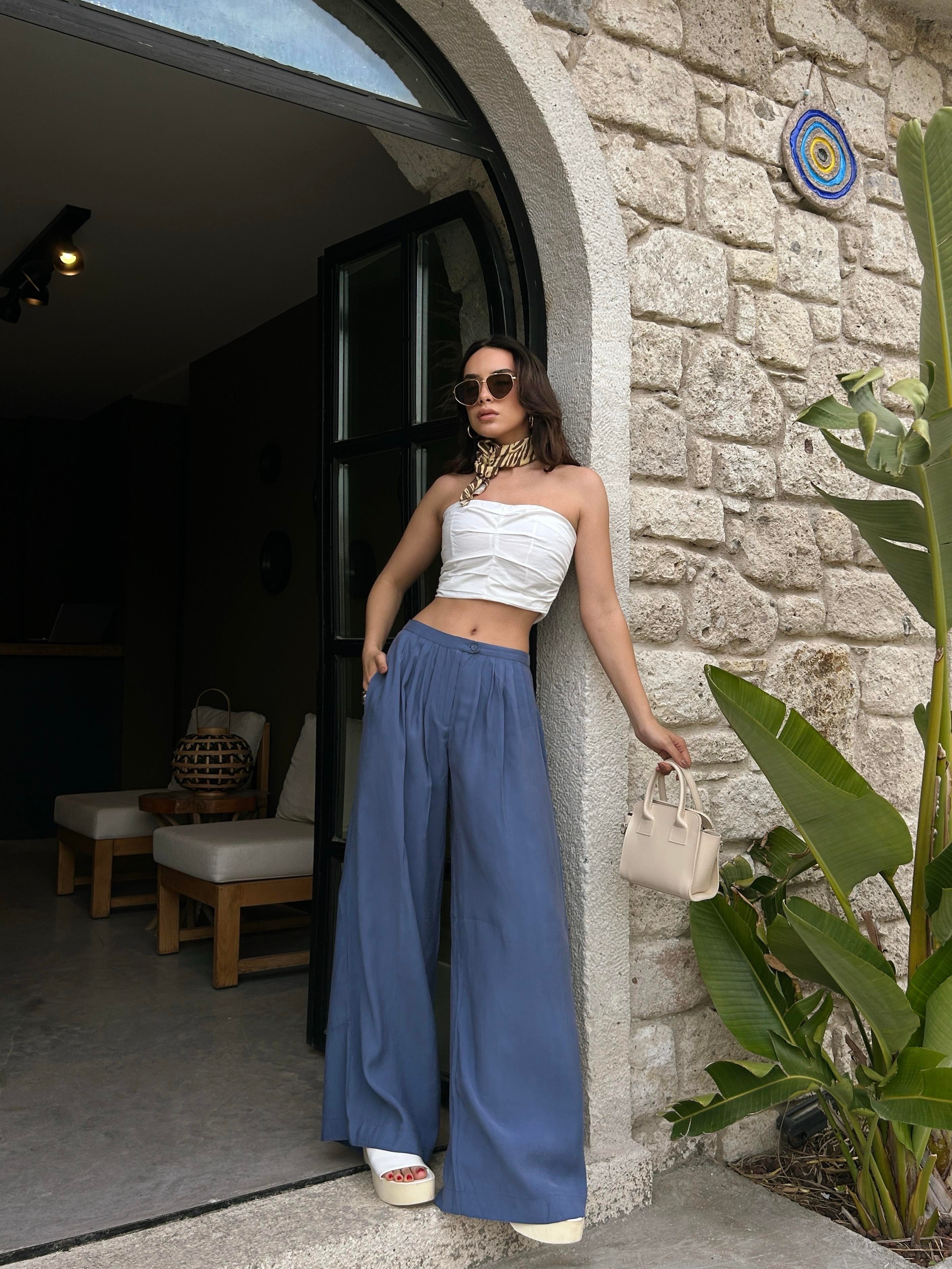 Kadın İndigo %100 Modal Kumaş Pileli Geniş Kesim Pantolon 29110