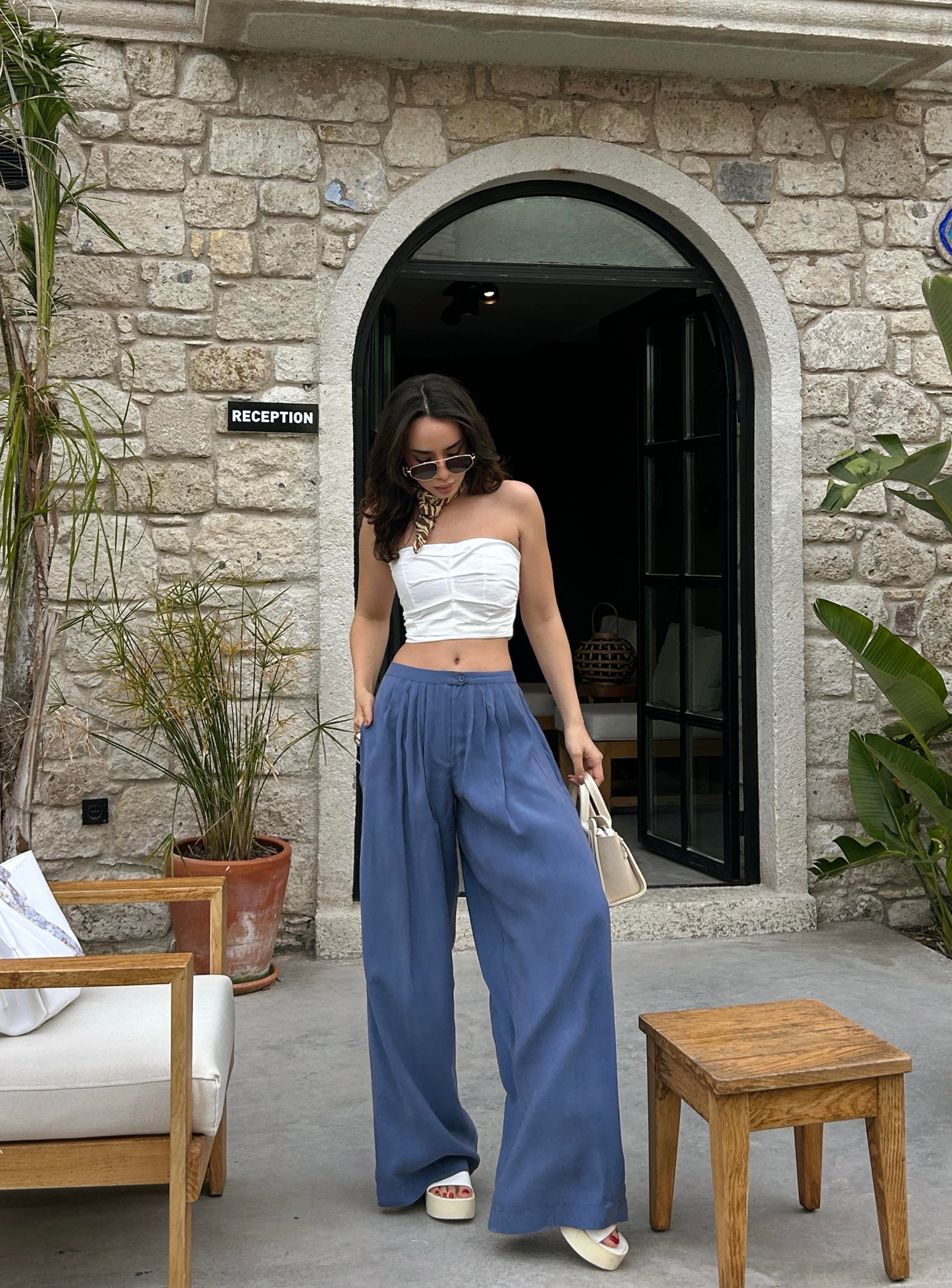 Kadın İndigo %100 Modal Kumaş Pileli Geniş Kesim Pantolon 29110