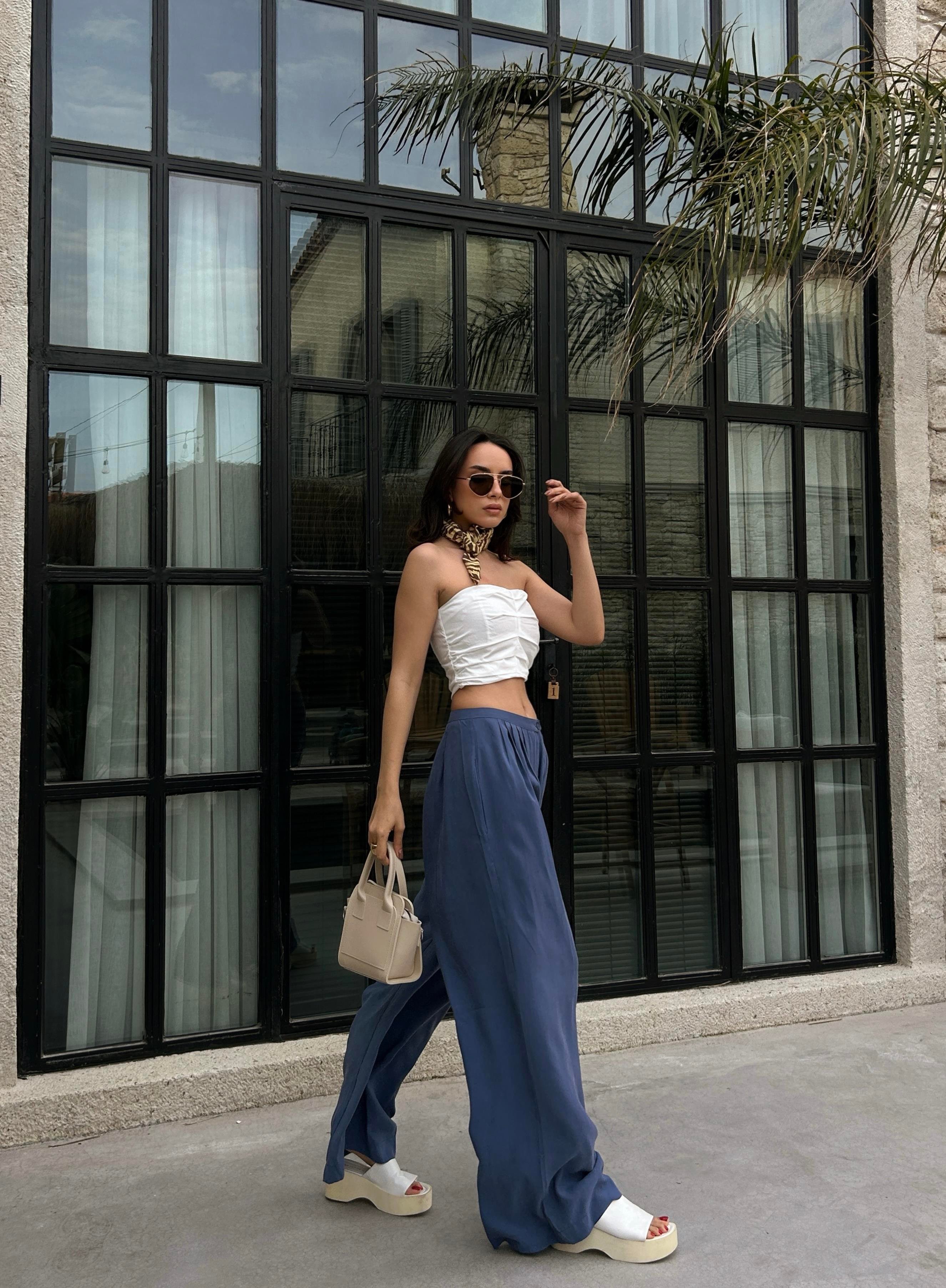 Kadın İndigo %100 Modal Kumaş Pileli Geniş Kesim Pantolon 29110