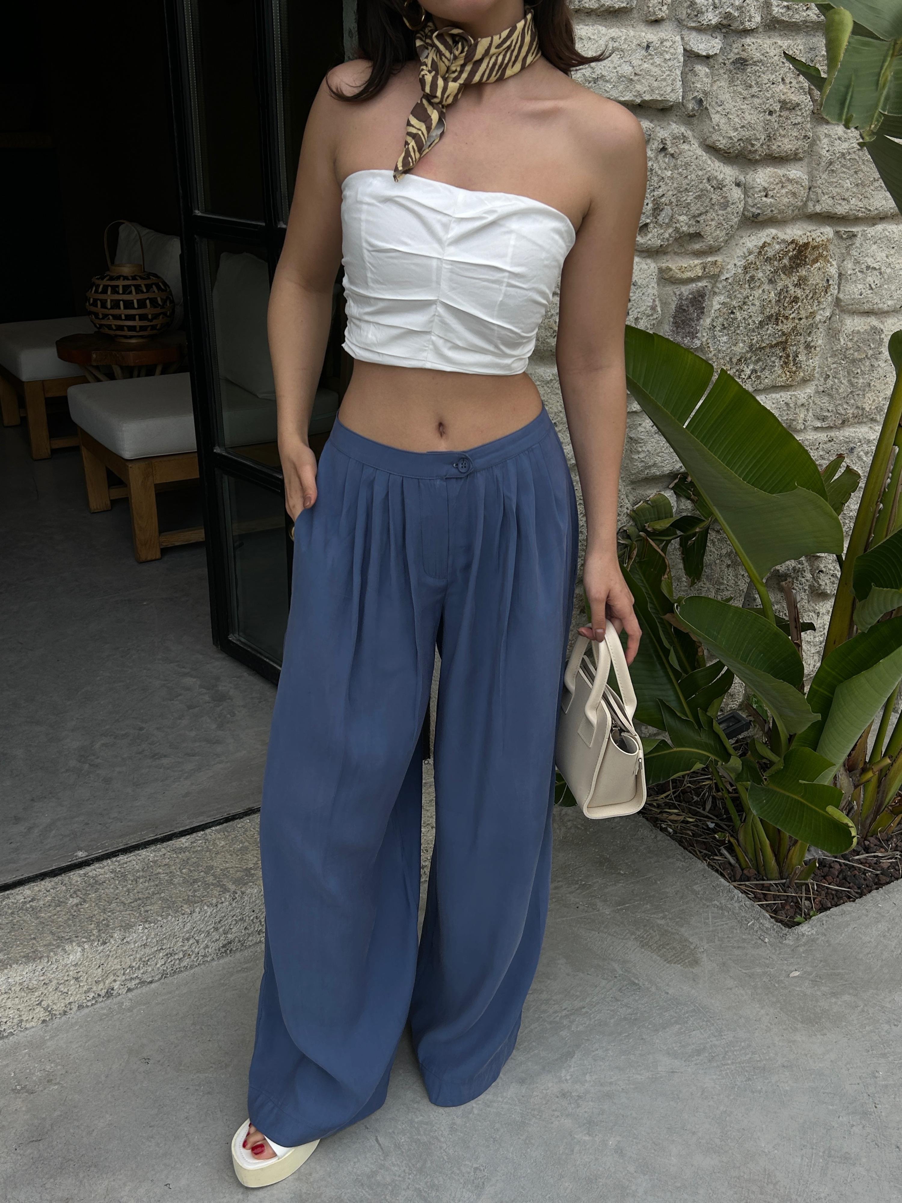Kadın İndigo %100 Modal Kumaş Pileli Geniş Kesim Pantolon 29110
