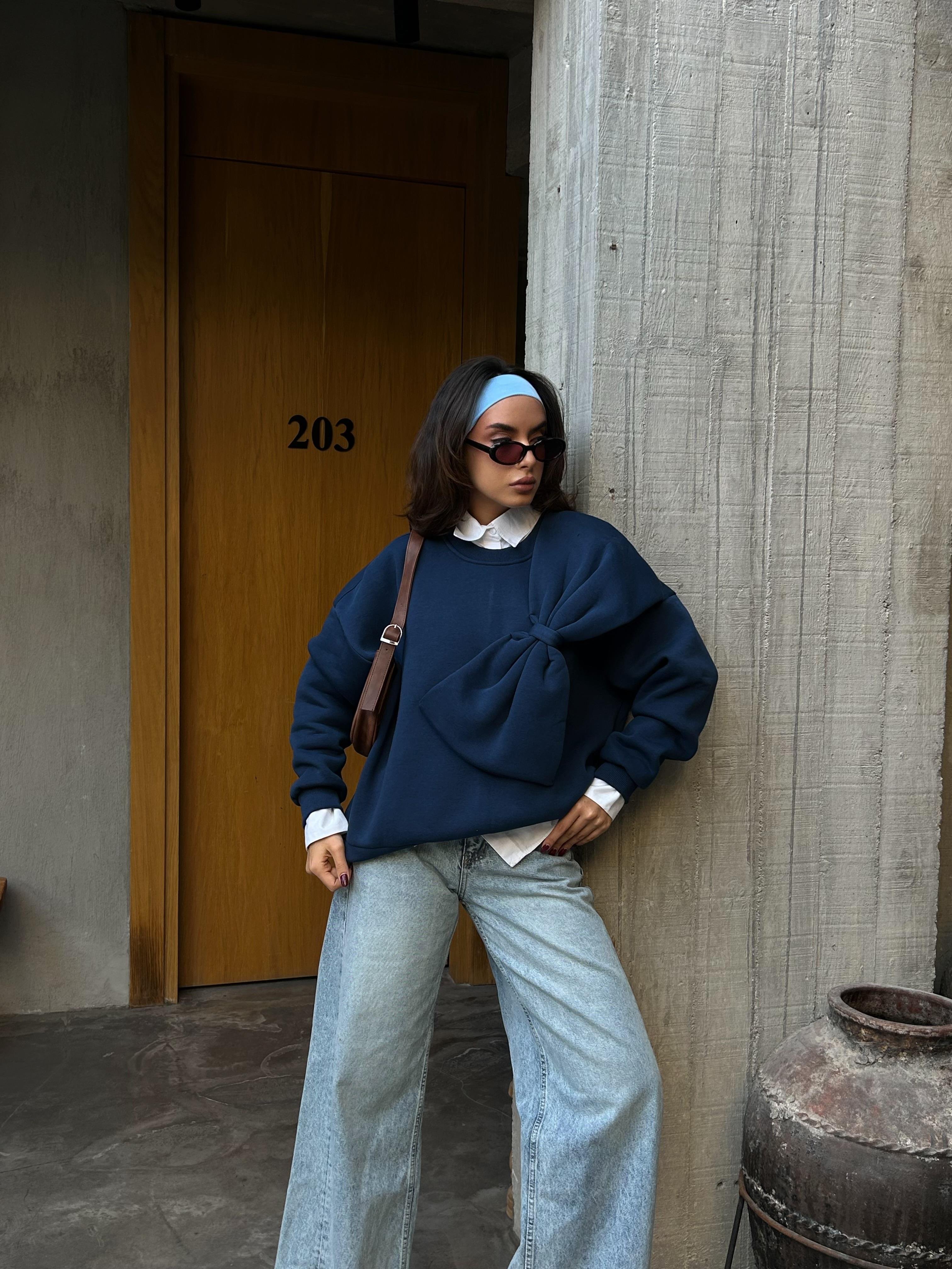 Kadın İndigo 3 İplik Şardonlu Fiyonklu Tasarım Geniş Kesim Sweatshirt 28155