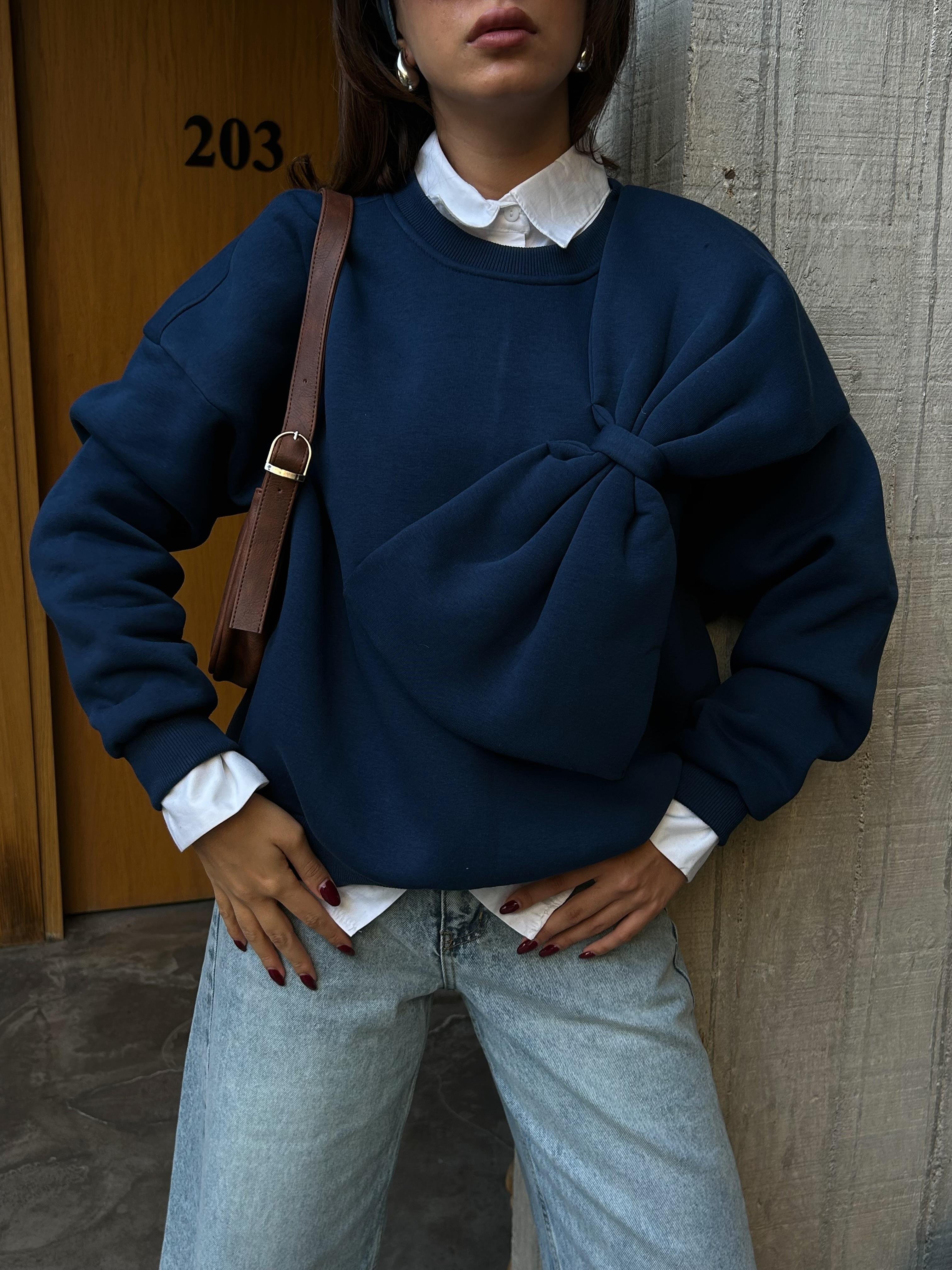 Kadın İndigo 3 İplik Şardonlu Fiyonklu Tasarım Geniş Kesim Sweatshirt 28155