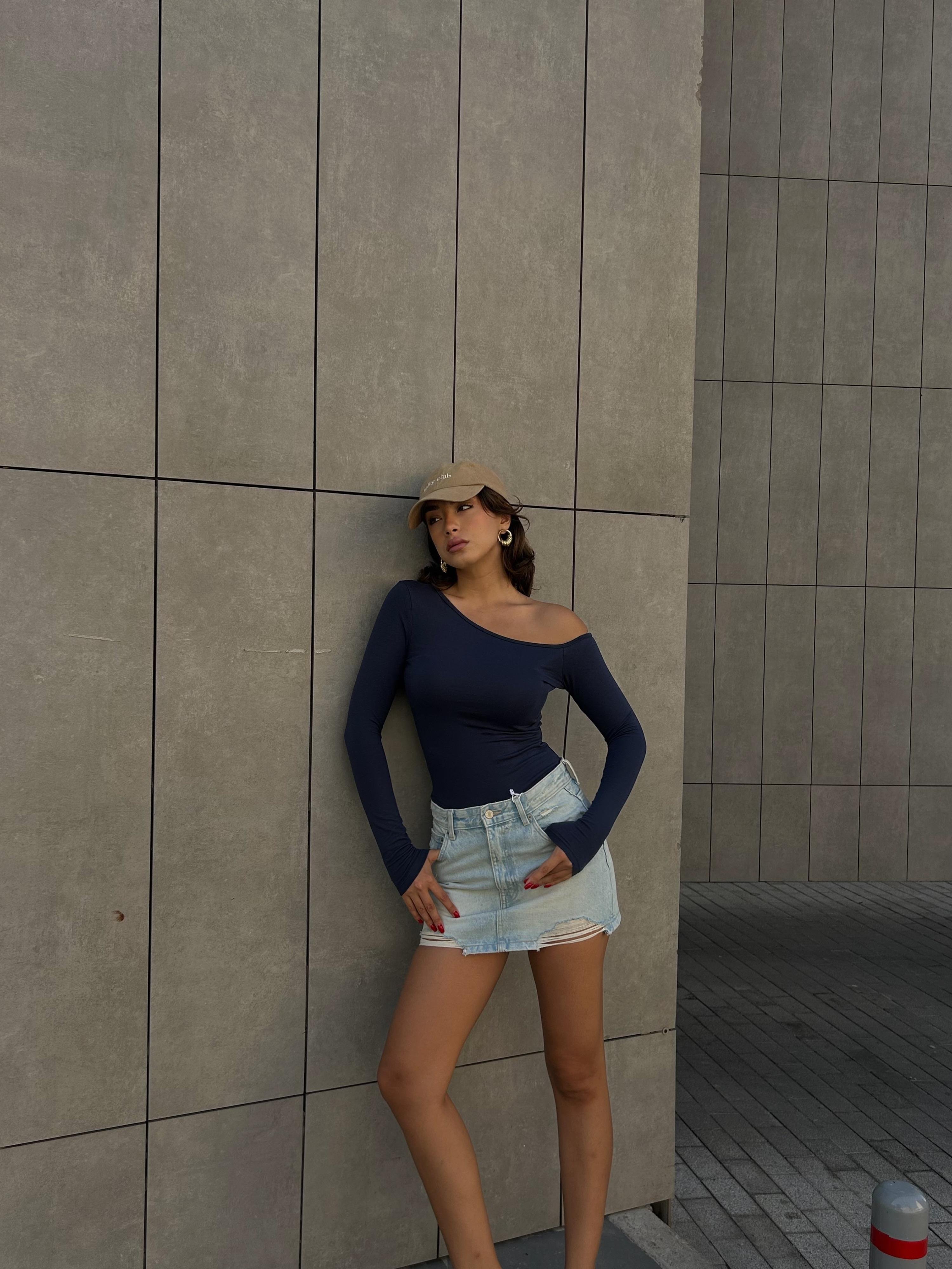 Kadın İndigo Kayık Yaka Pamuk Kumaş Bluz